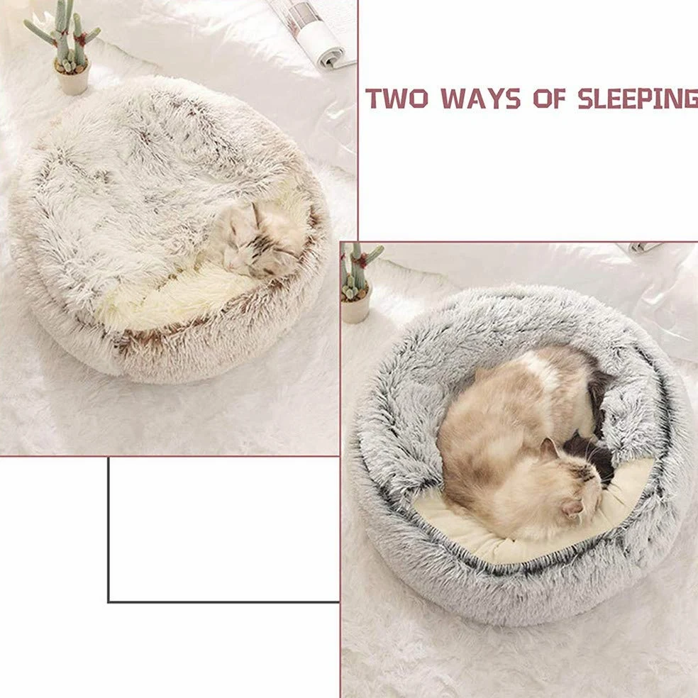 Letto per Gatti Morbido, Rotondo, in Morbido Peluche, con Cappuccio, per Interni e Invernali, per Dormire, Antiscivolo, Lavabile in Lavatrice, per Gatti, Cuccioli, 50*50cm-Grigio-Peluche corto