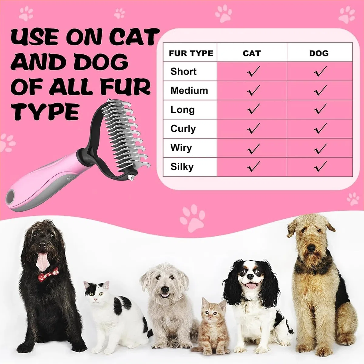 Spazzola per Cani Pelo Lungo, Spazzola Gatto Deshedding Brush Animali Acciaio Inossidabile Doppia Faccia Strumento di Deshedding Animali per Cane/Gatto Pelo Lungo, Medio e Corto (Pink)