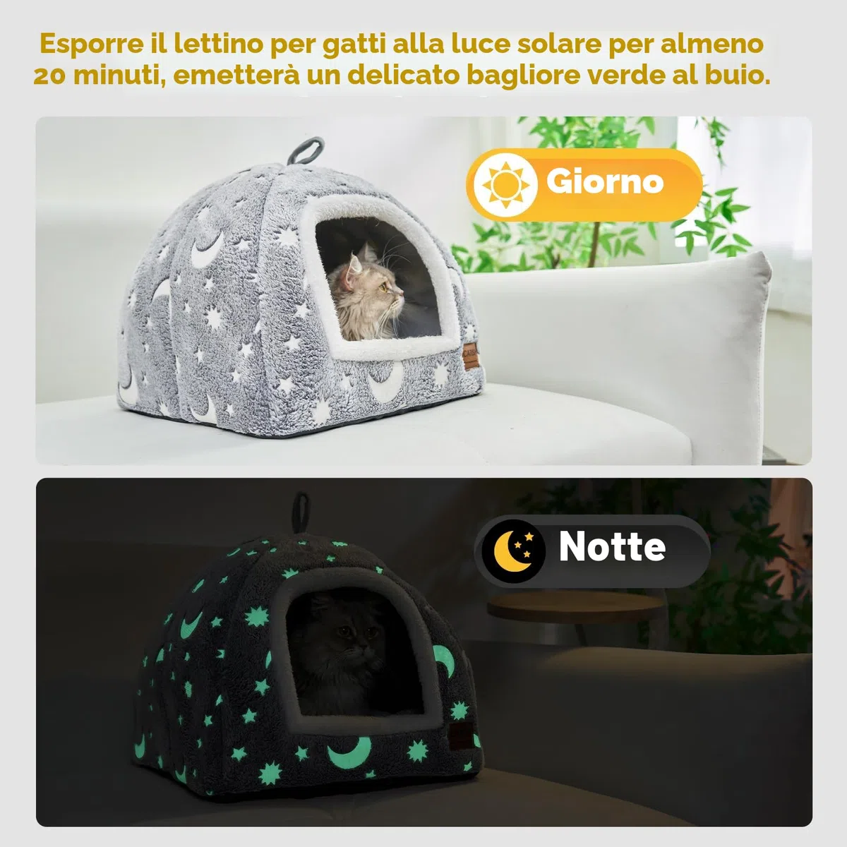 CATISM Luminosa Cuccia Gatto Interno - 2 in1 Cucce per Gatti 40 x 40 x 38 cm, Pieghevole, Lavabile e Confortevole con Cuscino Rimovibile per Gatti, Animali Domestici