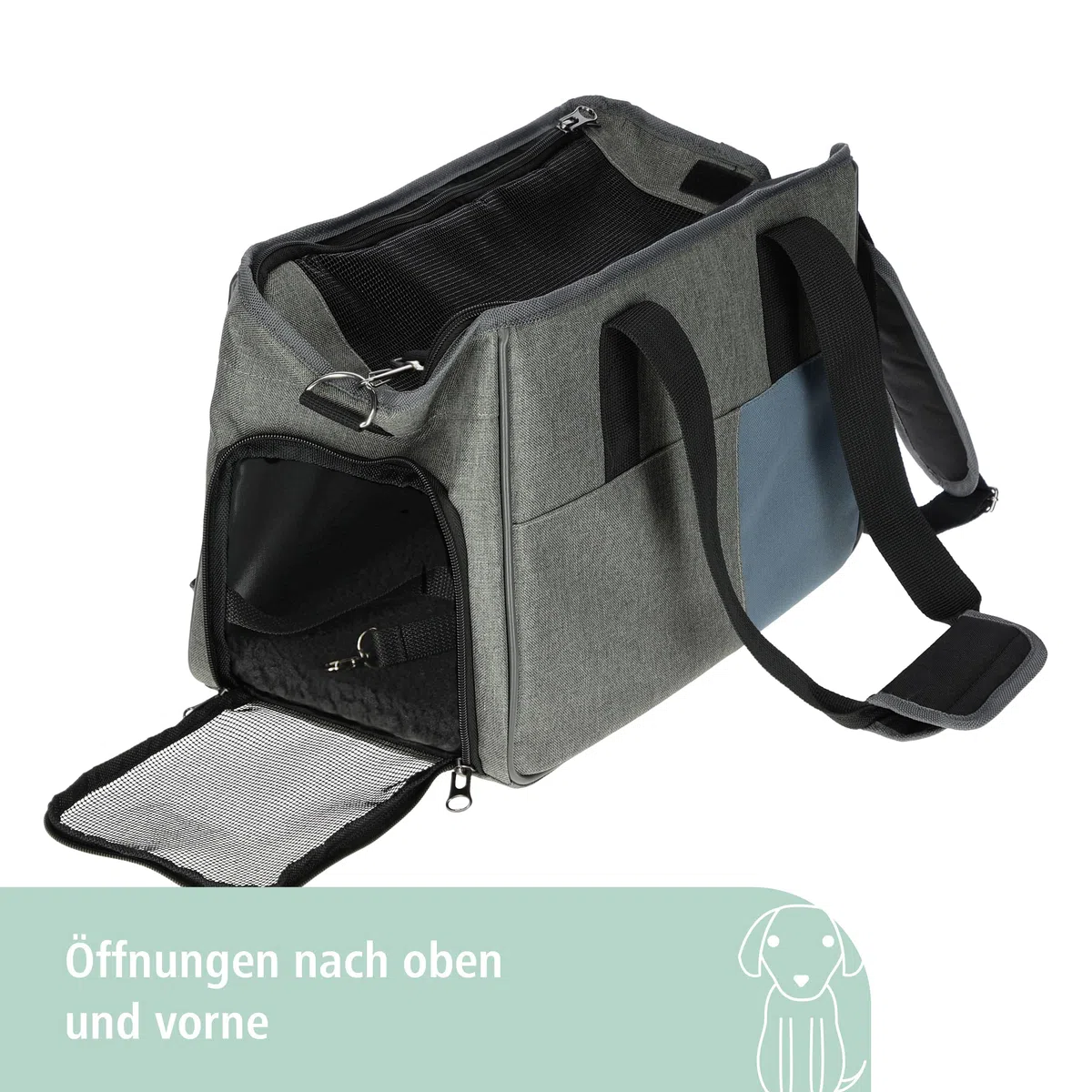 Kerbl Pet Borsa per trasporto Vacation, trasportino per cani, grigio, blu, 40x20x27cm, nylon, cani, gatti, inserti in rete anti-morso, rivestimento lavabile