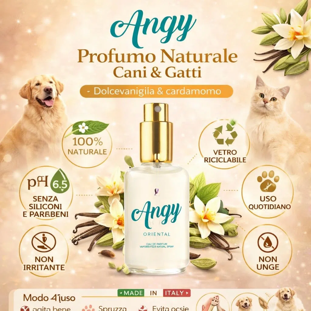 FluidoPet "Angy" Profumo per cani e gatti 100% Naturale e Delicato - Deodorante cane Per uso professionale e domestico. Fragranza Vaniglia e Cardamomo - Spray 50ml