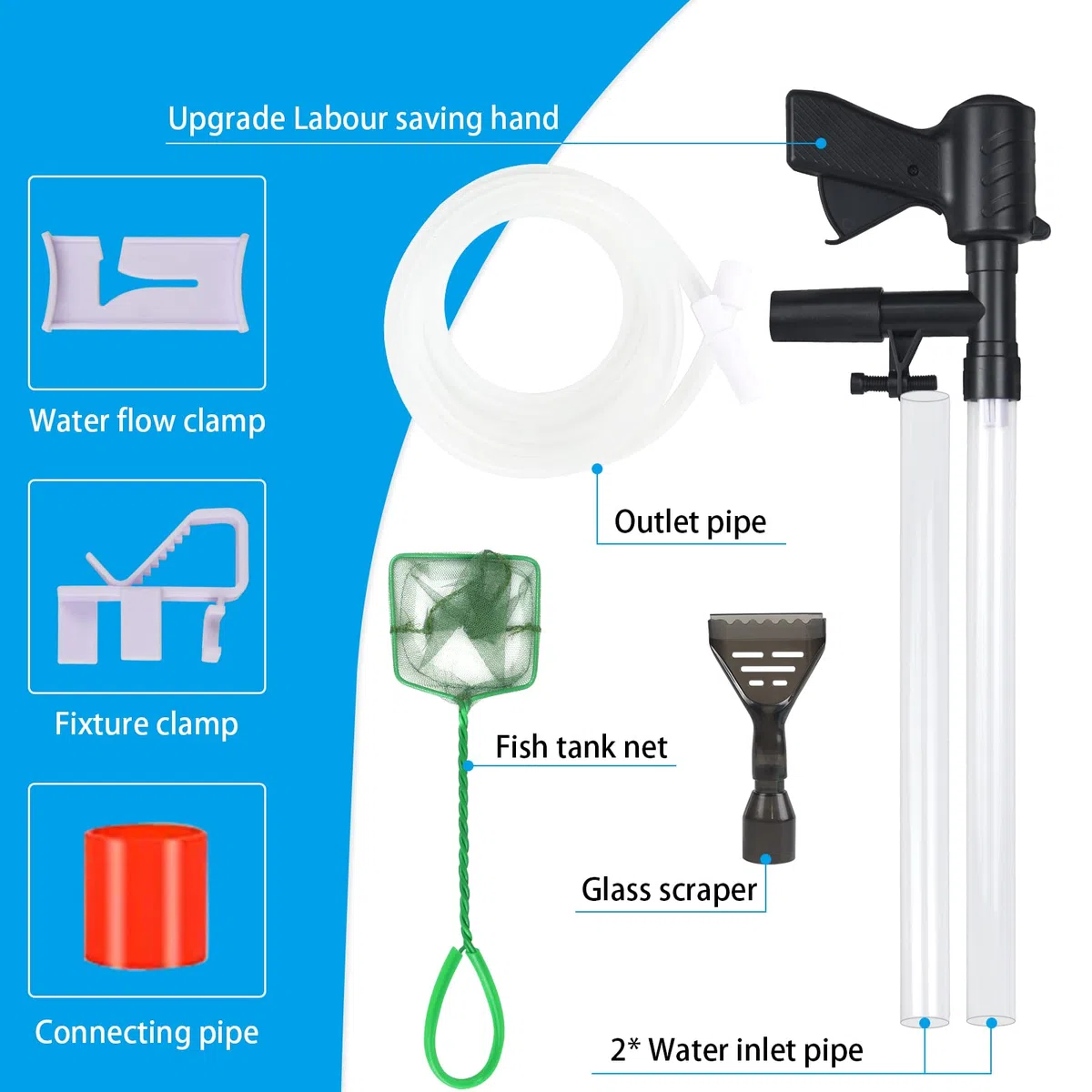 Aspirapolvere per Acquario, Sifone Aspirarifiuti Kit per la Pulizia della Ghiaia dell’Acquario con Ugello Lungo, Pompa Sifone Acquario per Pulizia Fondo Acquario