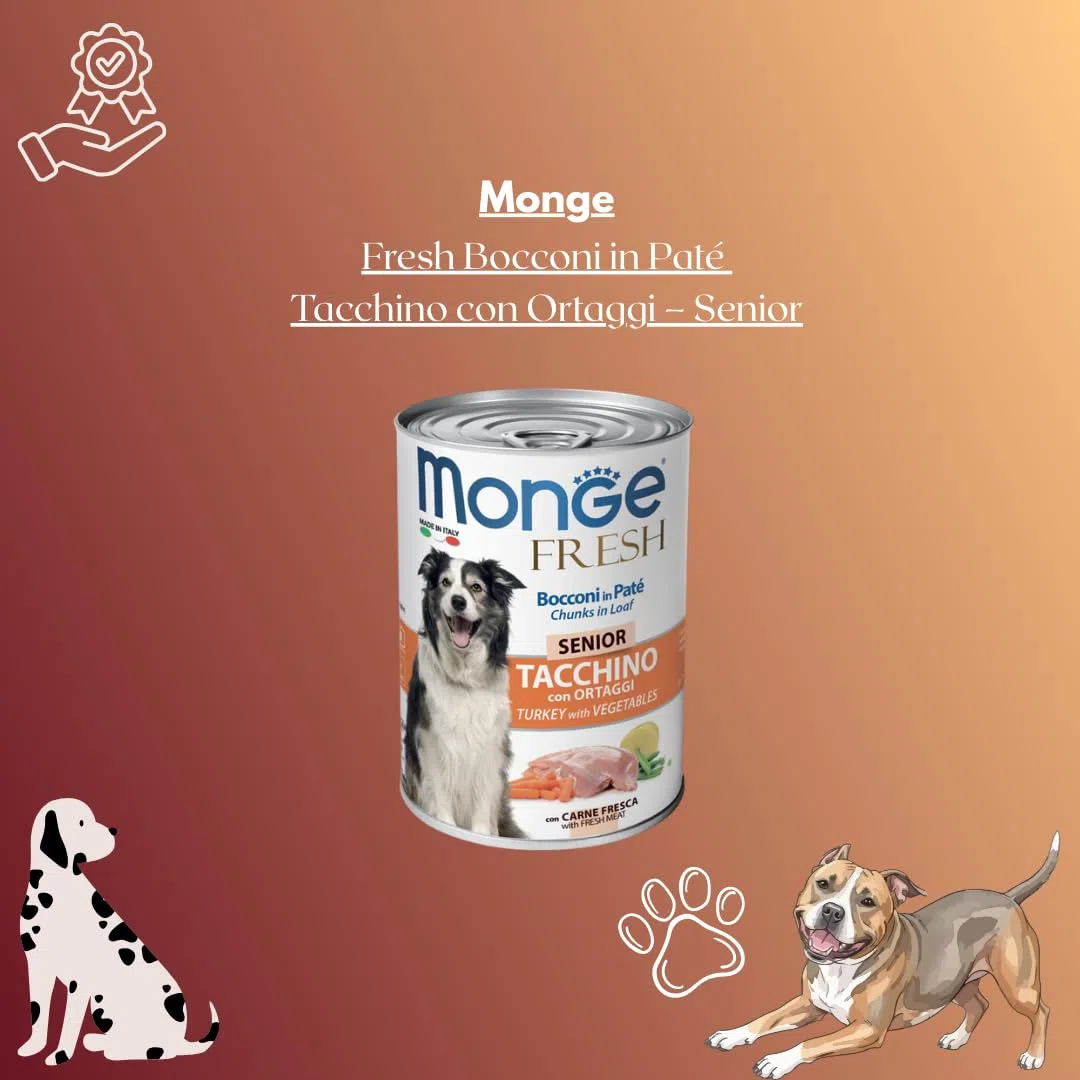 MONGE Cane Fresh Bocconi in Paté con Tacchino e Ortaggi – Senior | alimento umido in paté e bocconi per cani anziani di tutte le taglie, senza conservanti, Made in Italy, 6 confezioni da 400 grammi.