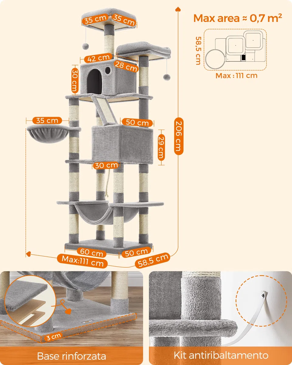Feandrea Albero per Gatti, Alto 206 cm, Tiragraffi per Gatti Adulti, XXL, con 13 Graffiatoi, 2 Posatoi, 2 Grotte, Cesto, Pompon, in Peluche a Più Livelli per Interno, Grigio Chiaro PCT190W01