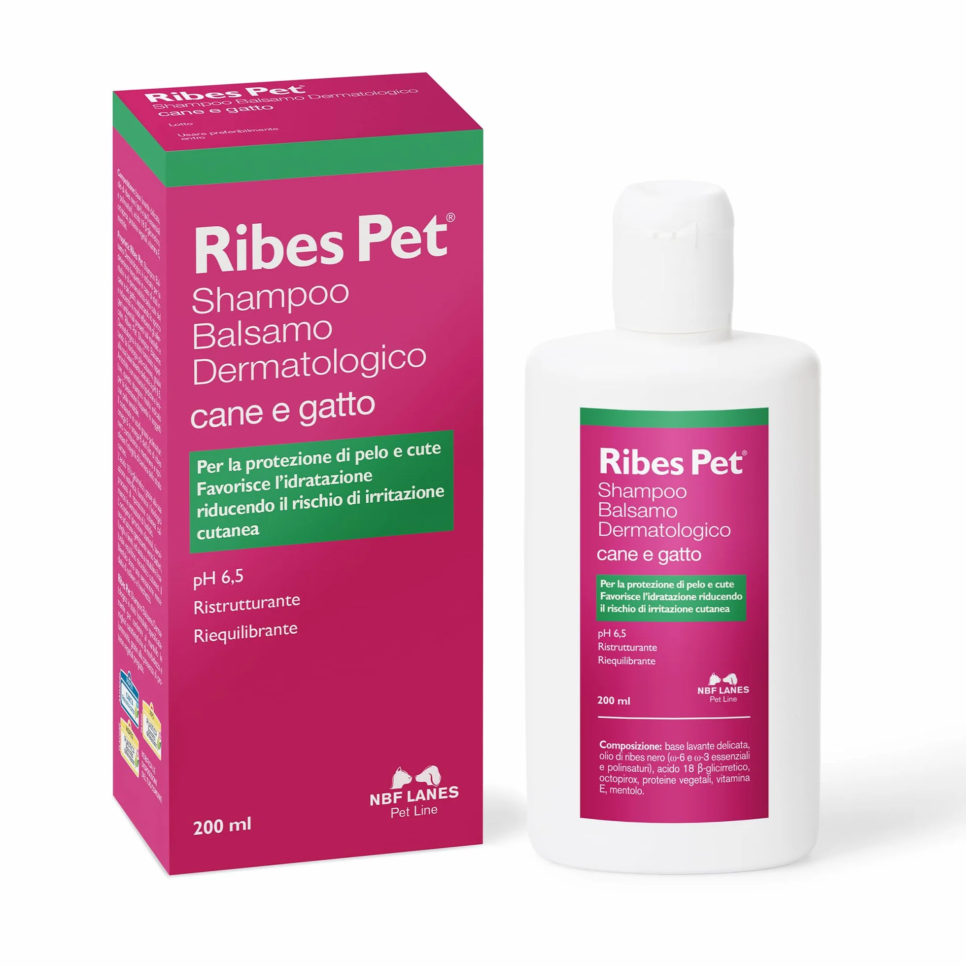 NBF Lanes | Ribes Pet Shampoo Balsamo Dermatologico Cane e Gatto 200 ml, per la Protezione di Pelo e Cute, pH 6,5, Ristrutturante, Riequilibrante