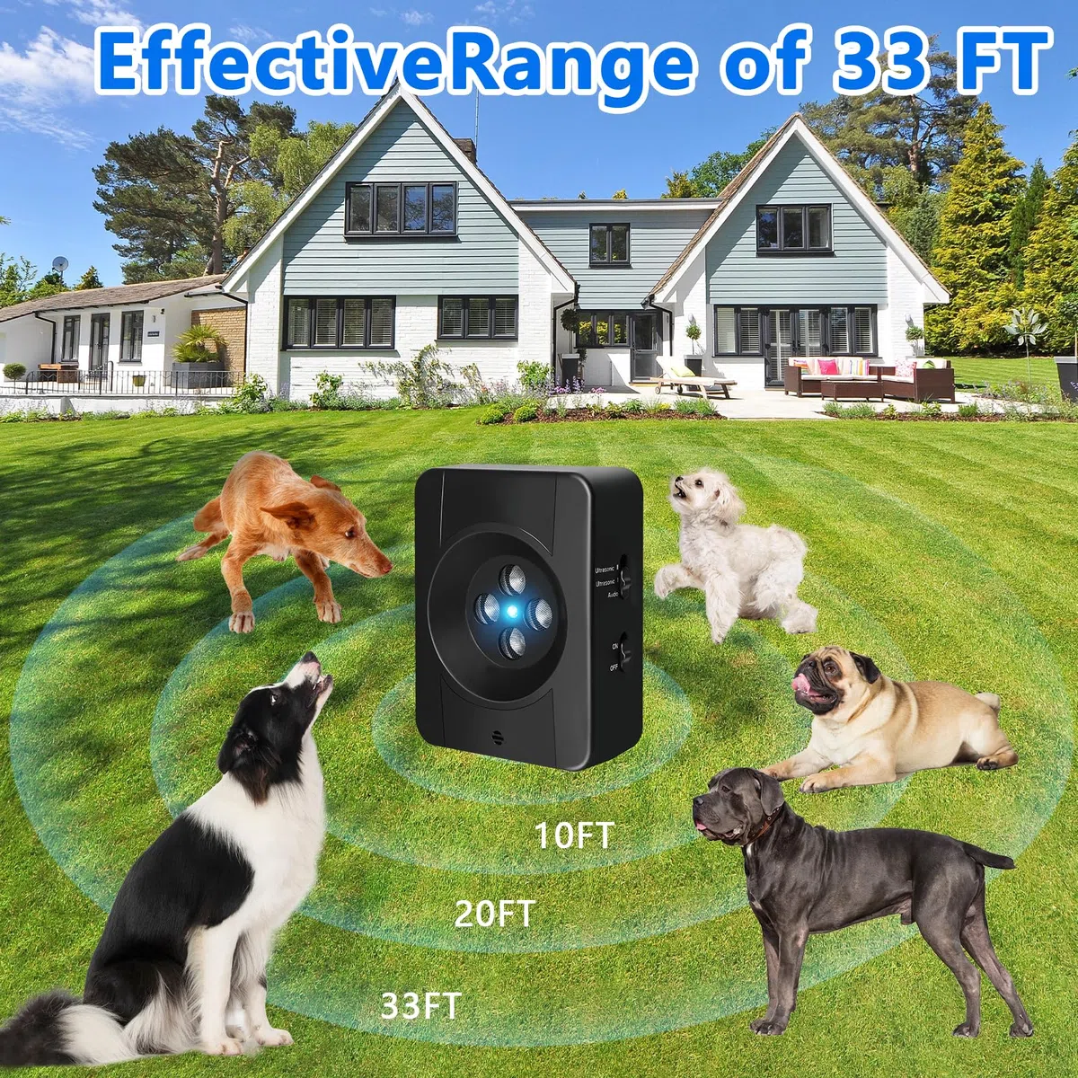 Ultrasuoni per Cani, 3 Modes Antiabbaio per Cani Ultrasuoni, 33FT Dispositivo Antiabbaio per Interni ed Esterni Cani Piccoli e Grandi