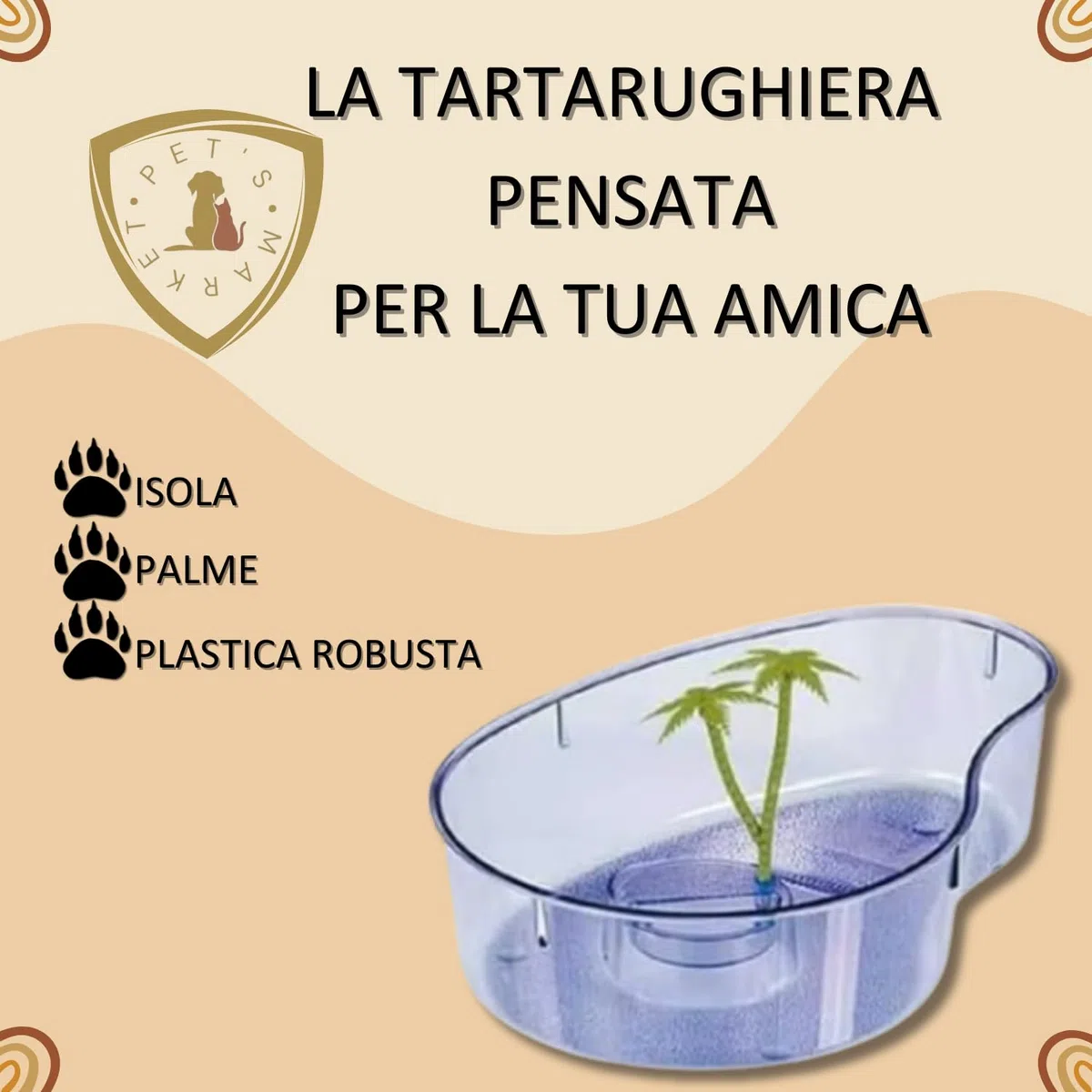 Pet's Market Thasos Tartarughiera Acquario per Tartarughe d'Acqua Vaschetta a Forma di Goccia in Plastica Piccole Tartarughe con Isola Palme 31,5x21,5x8 cm