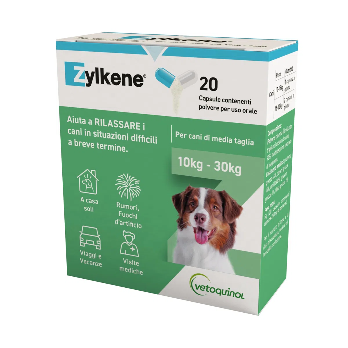 Zylkene Mangime Complementare | Cani di taglia media (10-30 kg) 225 mg | Promuove il rilassamento nelle situazioni di disagio nel breve termine: Rumori forti, Visite veterinarie | 20 capsule