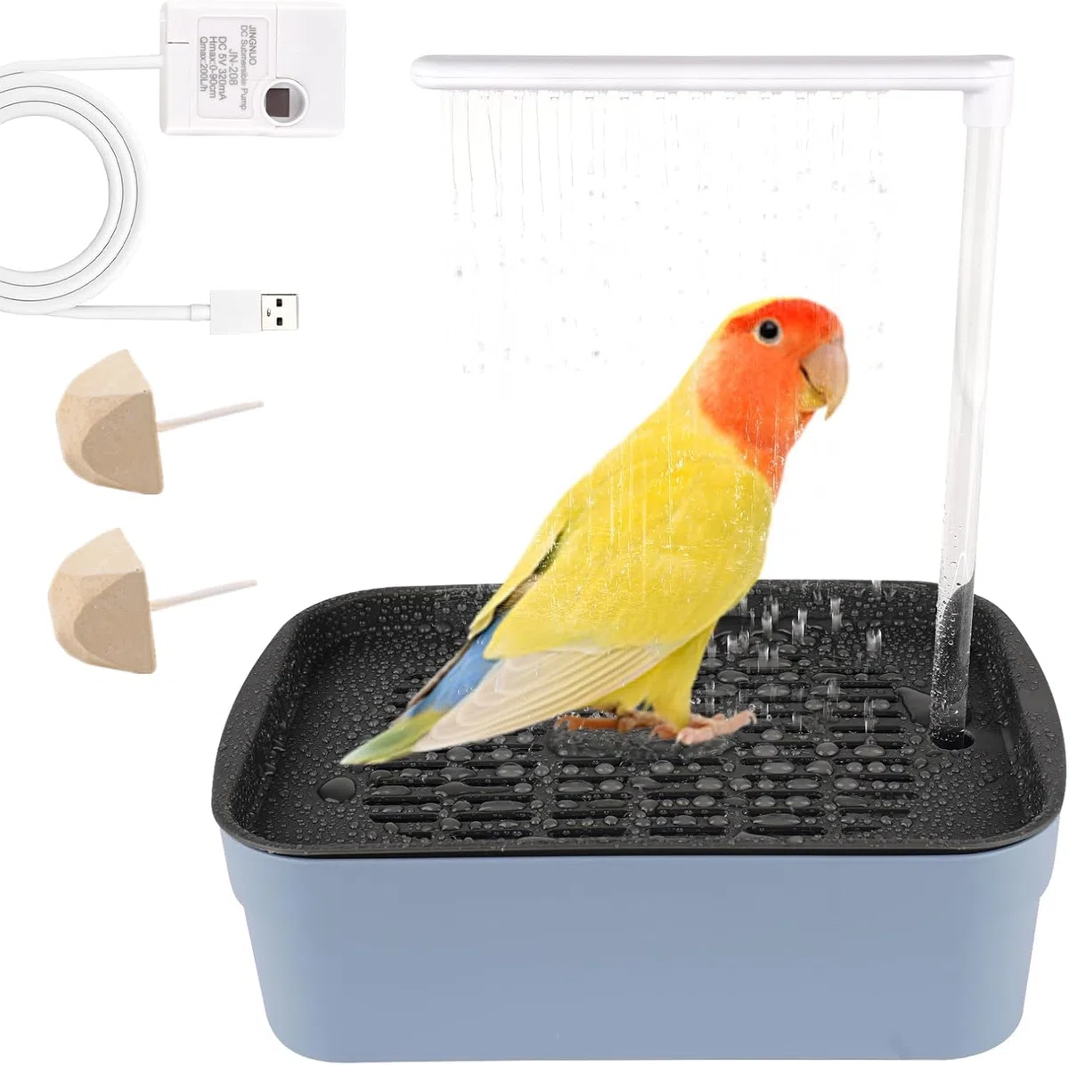 Vasca da Bagno per Uccelli, Vasca Automatica con Doccia, Automatico Uccello Vasca da Bagno,Pompa dell'Acqua USB,Vasca per Uccelli, 2 Pietre Molar-Grigio