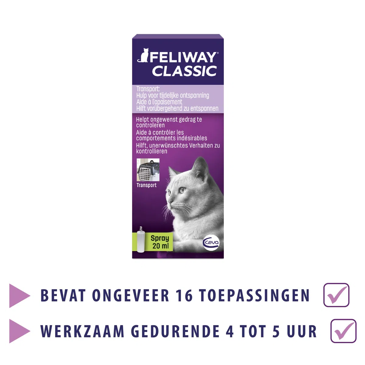 FELIWAY Classic Transport Spray per Gatti | Viaggi e Trasporto Senza Stress | Assicura Un rilassamento Durante l'applicazione mirata Contro Le marcature urinarie e i Graffi | 20 ml
