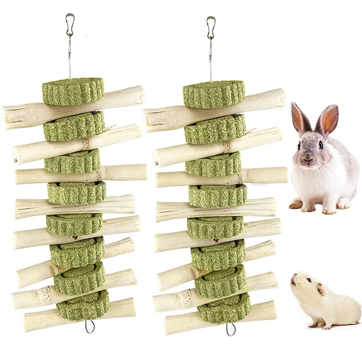 Giochi per Coniglio Nano, 2 Pezzi Giocattolo da Masticare per Conigli, Bambù Dolce con Torta di Erba Naturale Giocattolo Molare per Piccoli Animali per Conigli Cincillà Cavia (Stile A)