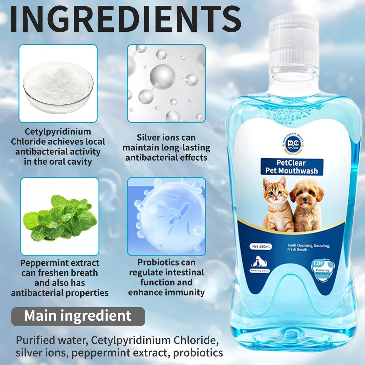 Petclear, collutorio per cani e gatti, additivo per acqua potabile, protegge da placca e tartaro, alito fresco, nessun pennello richiesto, 380 ml