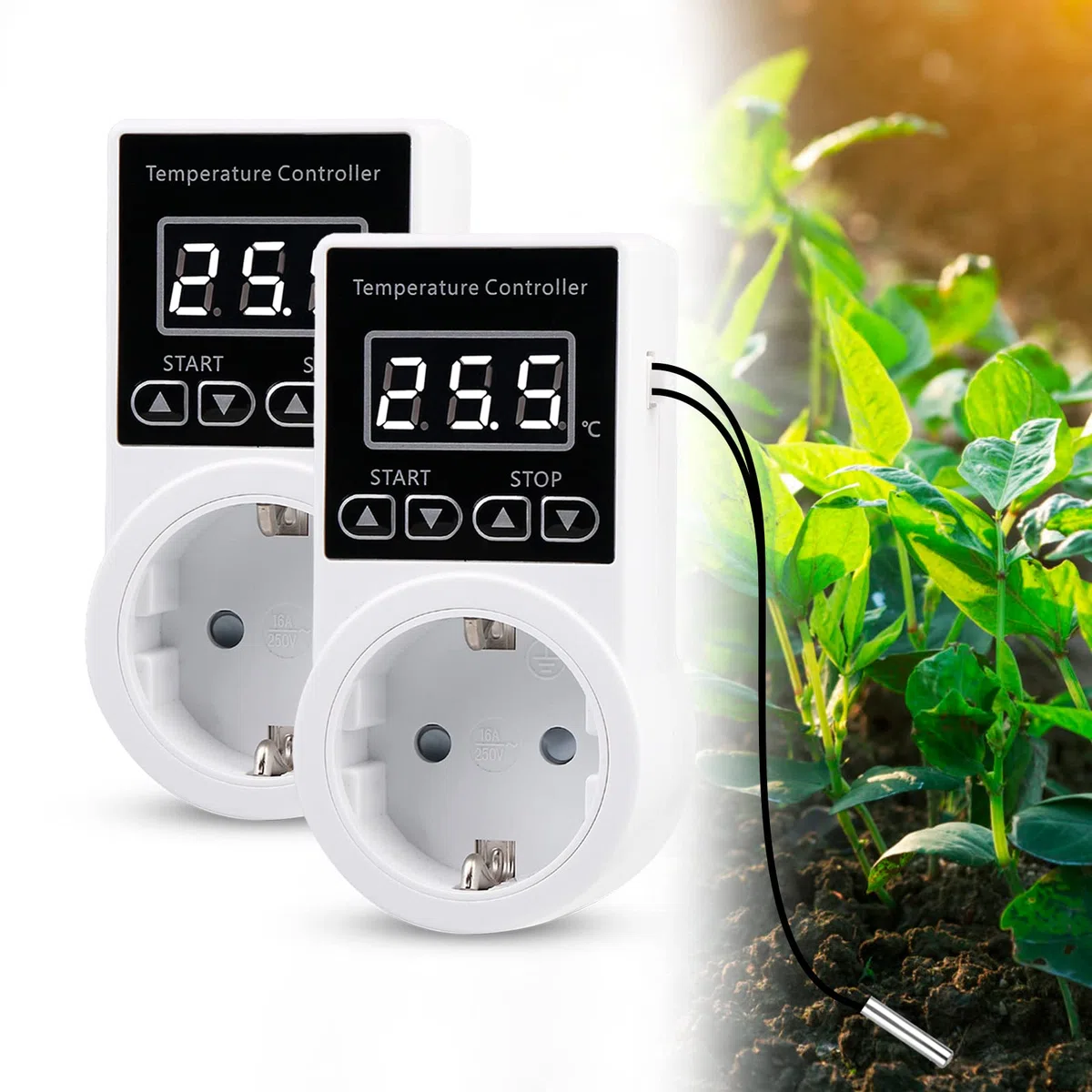 2 prese termostatiche, regolatore di temperatura, regolatore di temperatura digitale con sonda, interruttore di temperatura impermeabile, termostato intelligente per serra, contenitore in vetro,