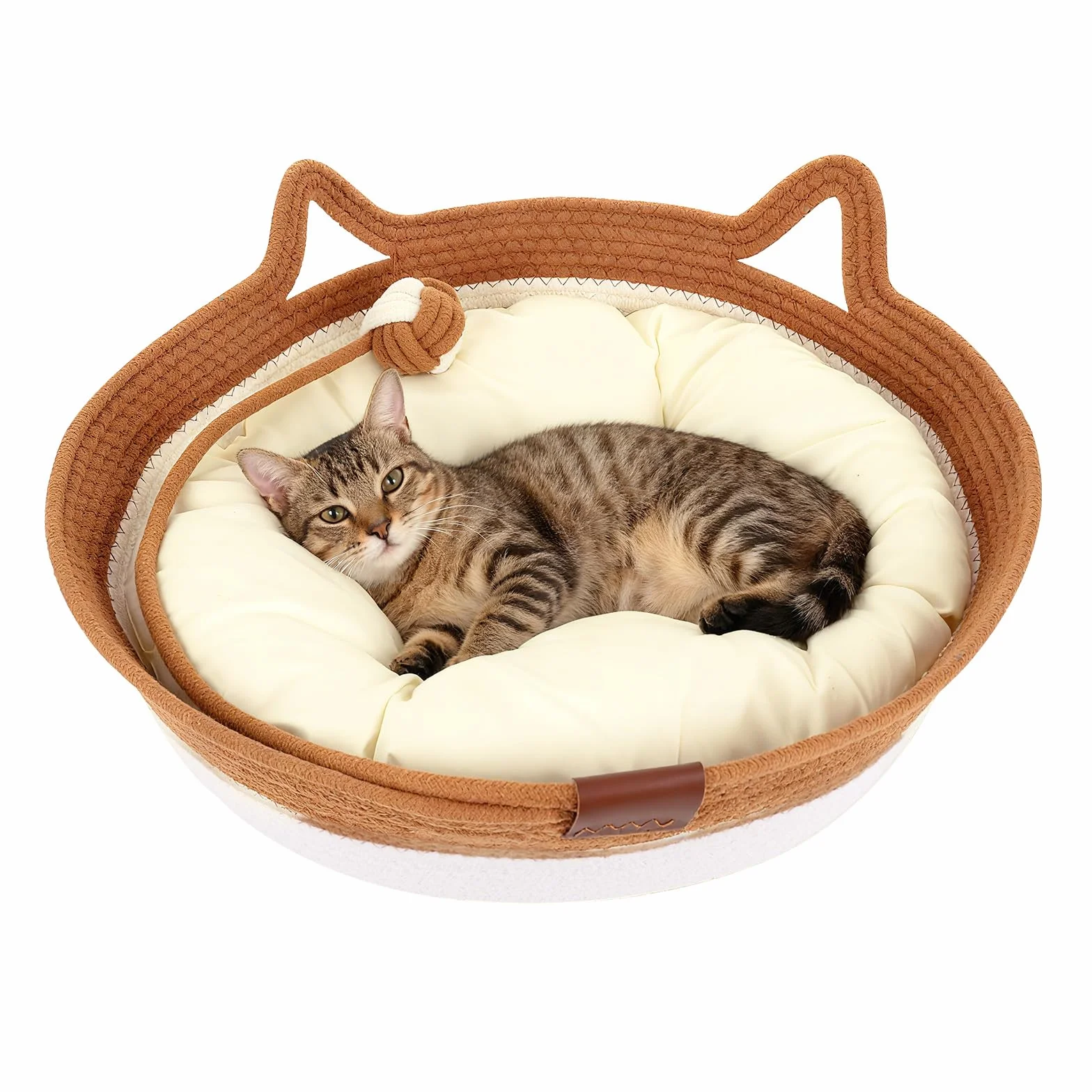 Zocipro Letto per Gatti in Corda di Cotone con Cuscino, 46x46x16 cm Grande Cuccia Rotonda Lavabile con Pallina Giocattolo in Corda di Cotone