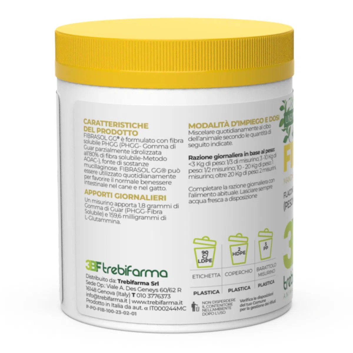 Trebifarma Fibrasol GG, Regolarità Intestinale di Cane e Gatto - Mangime Complementare in Polvere con Prebiotici Contro Diarrea, Colite e Stipsi - Facile da Somministrare – 100g