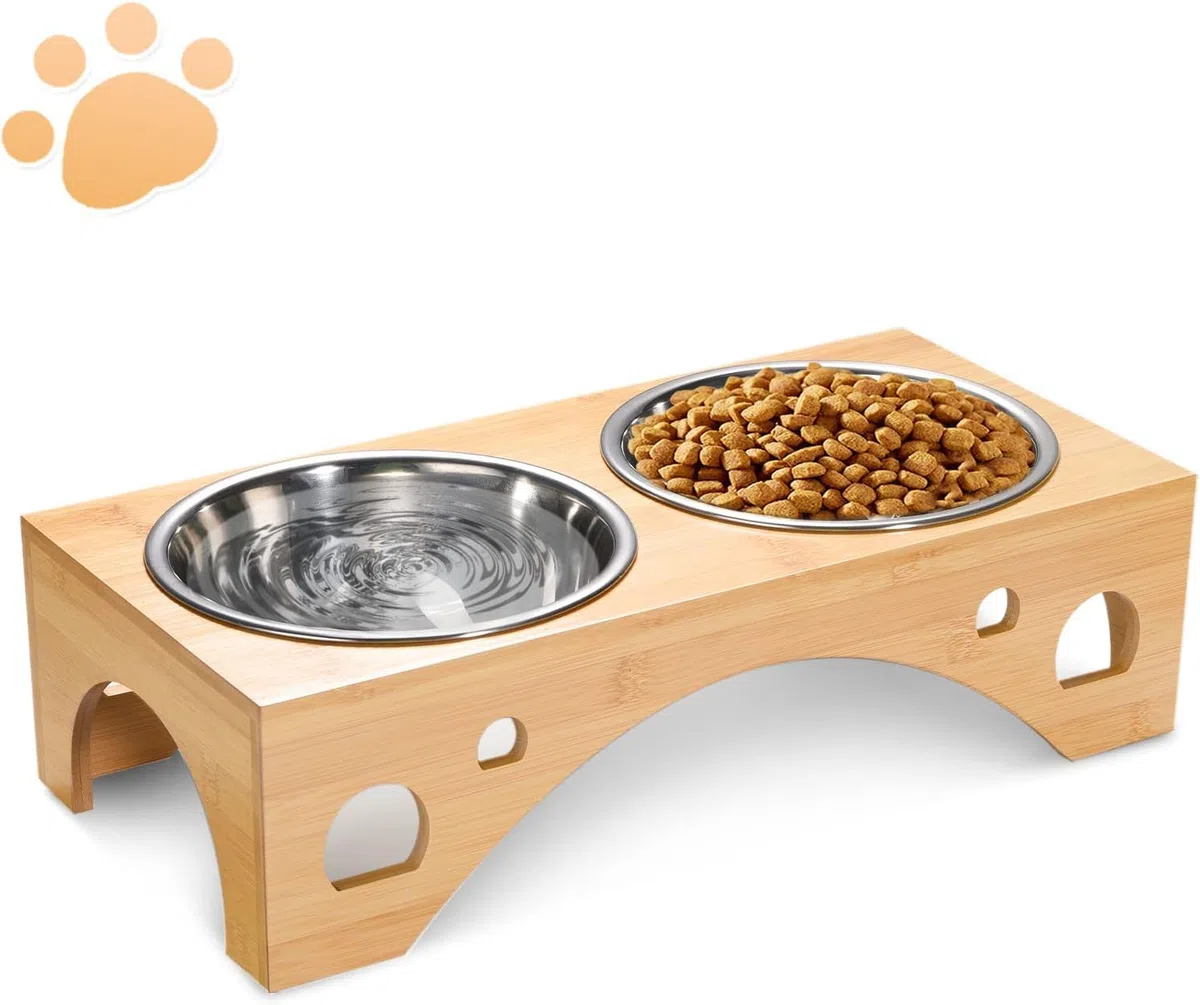 Ciotole per cani, set di Porta Ciotole per Cani Rialzato FoiiLiio con 2 Ciotola in Acciaio Inossidabile da 1100 ml, Ciotola Rialzata per Cani con Supporto in Bambù