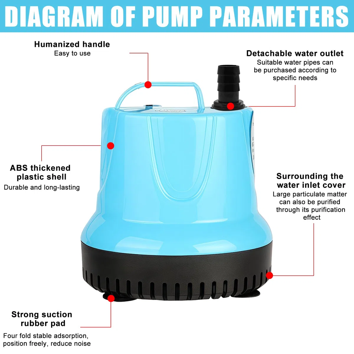 Mini pompa sommergibile da 35 W, 2000 l/h, piccola, ultra silenziosa, per acquario, con 3 ugelli e tubo da 1,5 m da 12 mm, pompa per fontana per laghetti, acquari, giardini, fontane (blu)