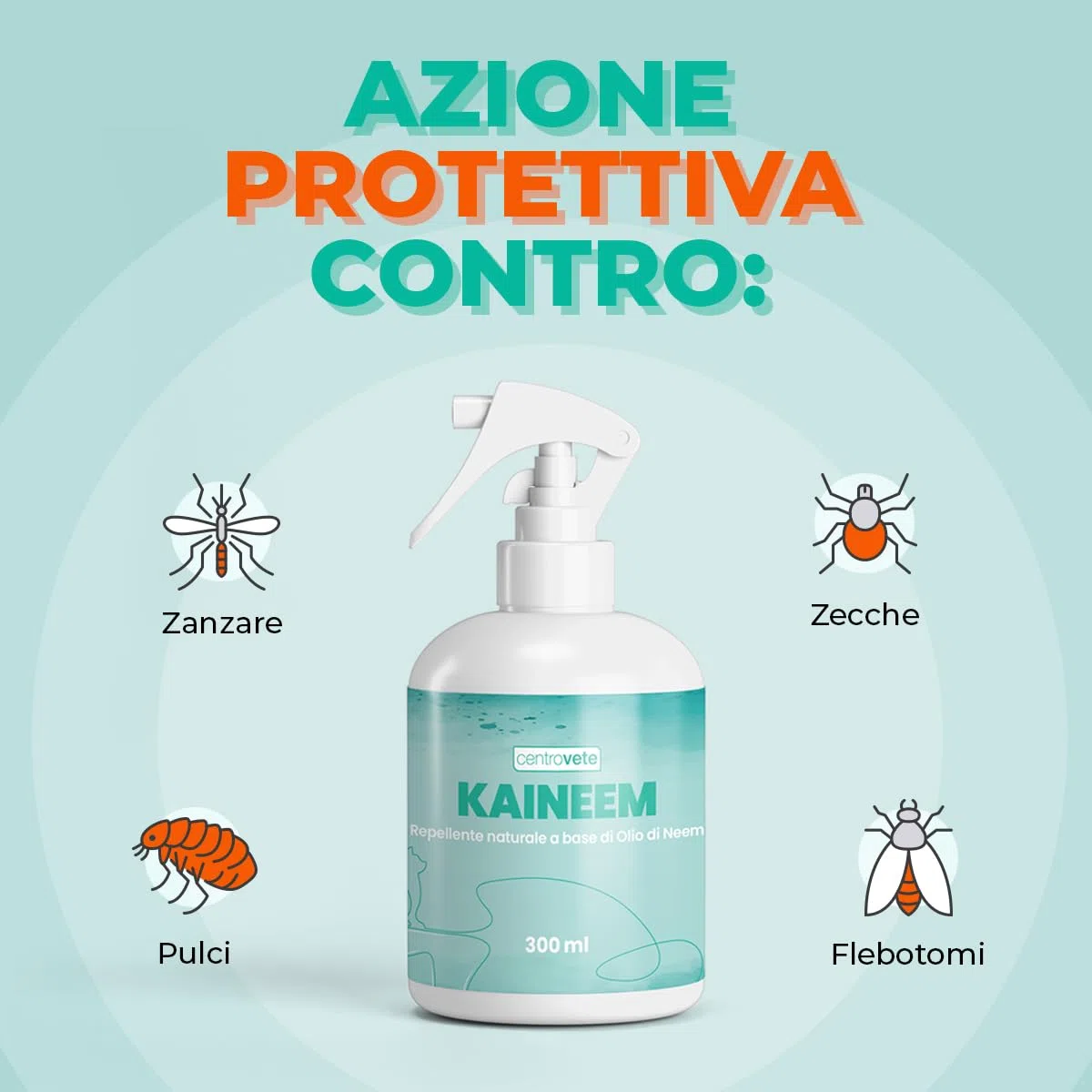 Centrovete - Kaineem Spray Repellente All'Olio di Neem - Per Cani e Gatti - Antiparassitario Naturale con Effetto Barriera Contro Parassiti Esterni - 2 Flaconi Spray da 300ml