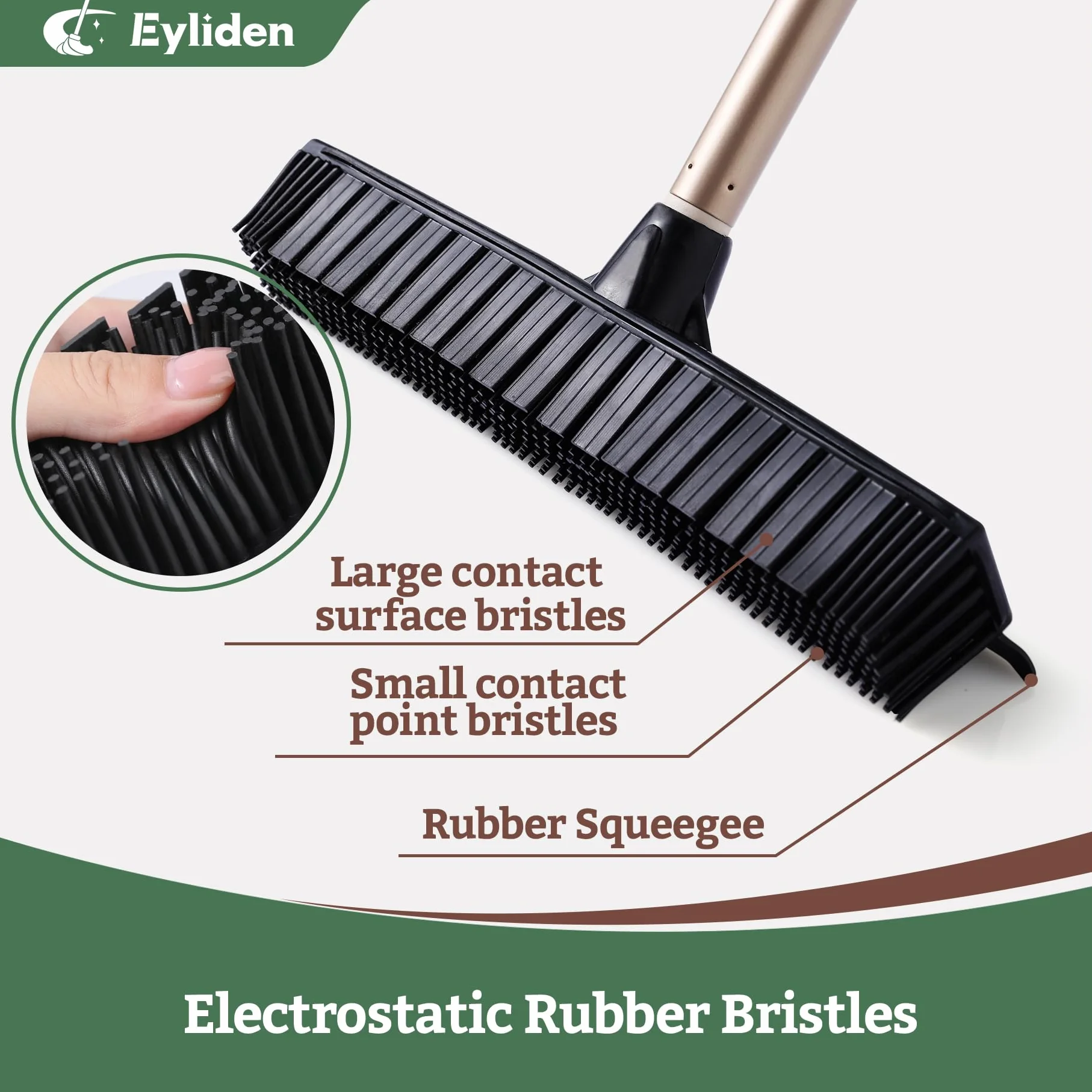 Eyliden Rastrello in gomma per peli di animali domestici, scopa 2 in 1 con tergivetro, manico telescopico da 137,2 cm, spazzola per rimuovere l'acqua dalla pelliccia per tappeti, tappeti, legno duro