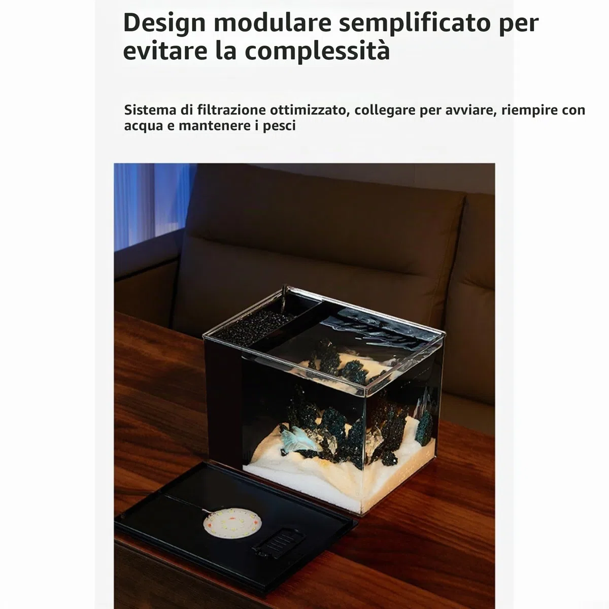 Acquario da tavolo per pesci per uso domestico con filtro laterale, filtrazione per migliorare l'ossigeno, pompa di flusso 160L/H, luminosità regolabile a 10 livelli e illuminazione a LED (S)