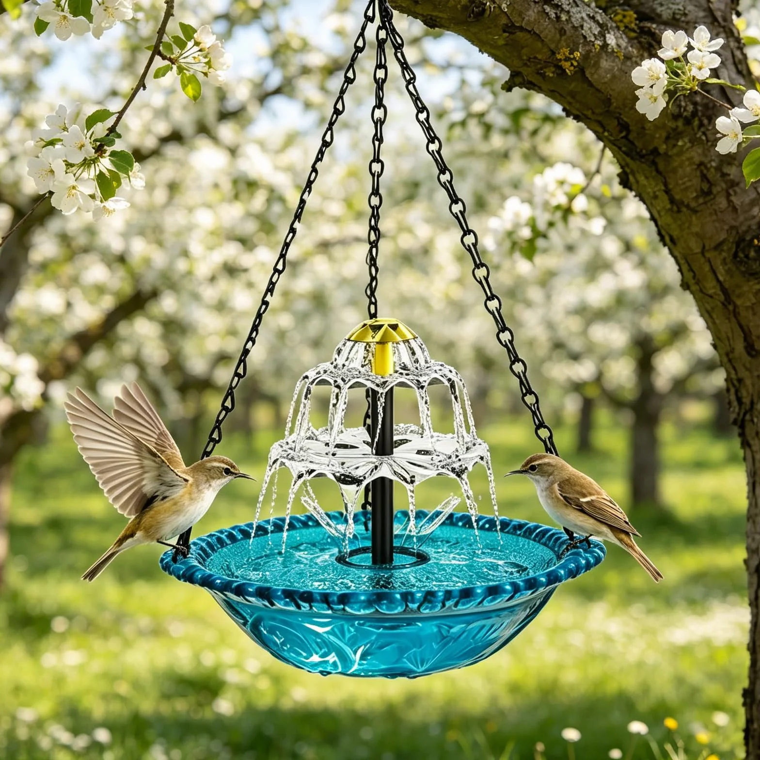 Abbeveratoio per uccelli da appendere con fontana solare, bagno per uccelli, abbeveratoio per uccelli con fontana da appendere, per giardino, balcone, terrazza, con catene in metallo, decorativo
