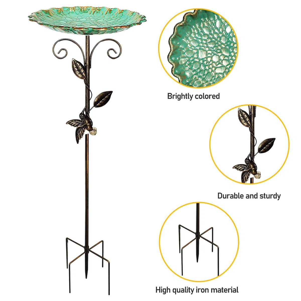 PORFOYO Abbeveratoio per uccelli in piedi, 77 cm/30 in, vasca per uccelli autoportante con base stabile a 5 punti, per uccelli, in metallo decorativo per terrazza e giardino
