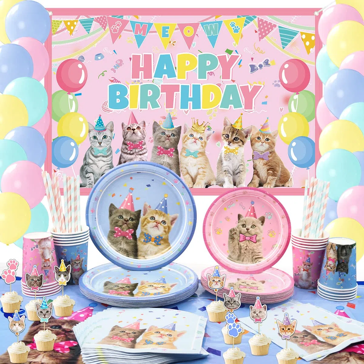 Set di forniture per decorazioni per feste di gatti, stoviglie per gatti con sfondo di buon compleanno per gatti Macaron Palloncini Piatti da dessert Piatti da dessert Tovaglioli- Serve 20