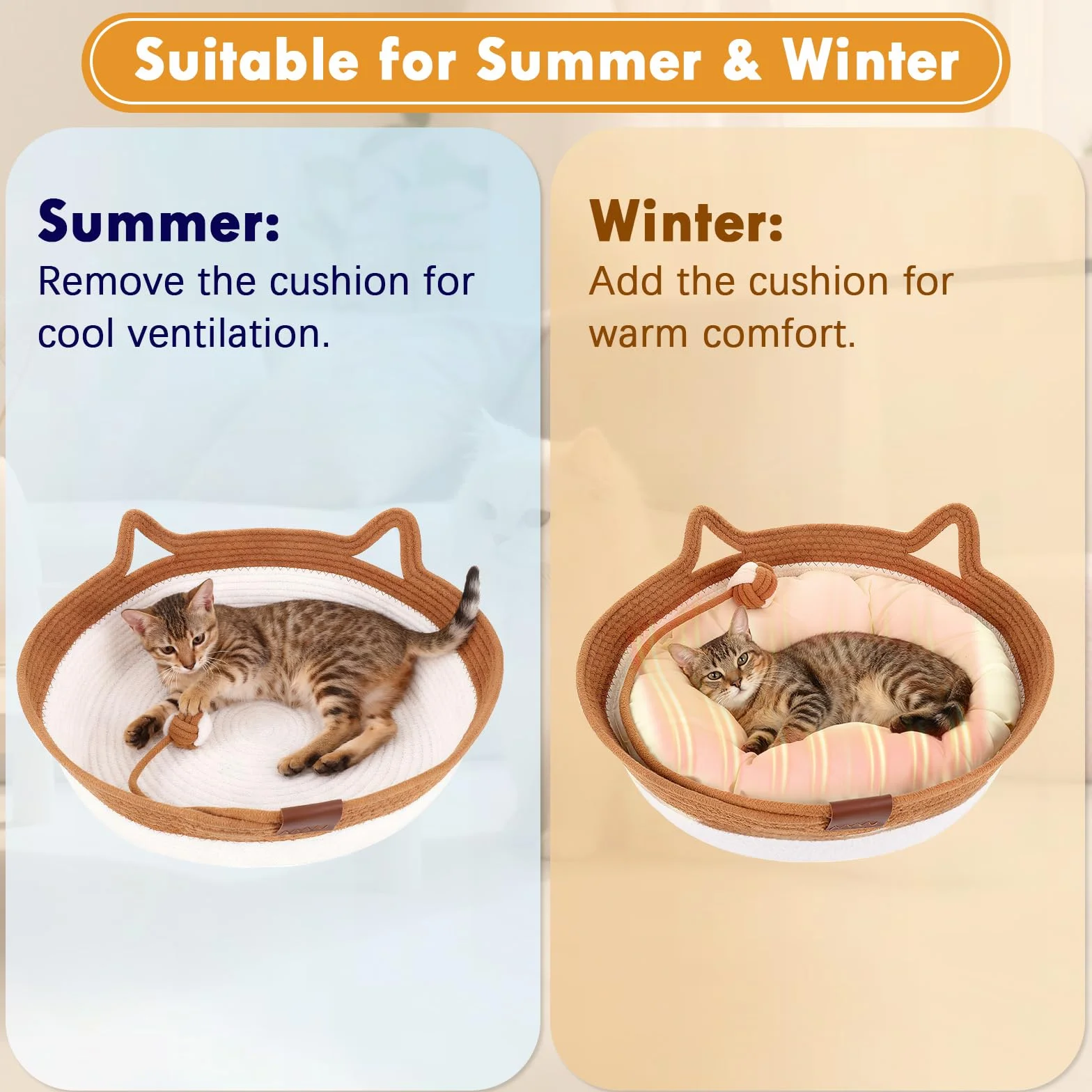 Zocipro Letto per Gatti in Corda di Cotone con Cuscino, 46x46x16 cm Grande Cuccia Rotonda Lavabile con Pallina Giocattolo in Corda di Cotone
