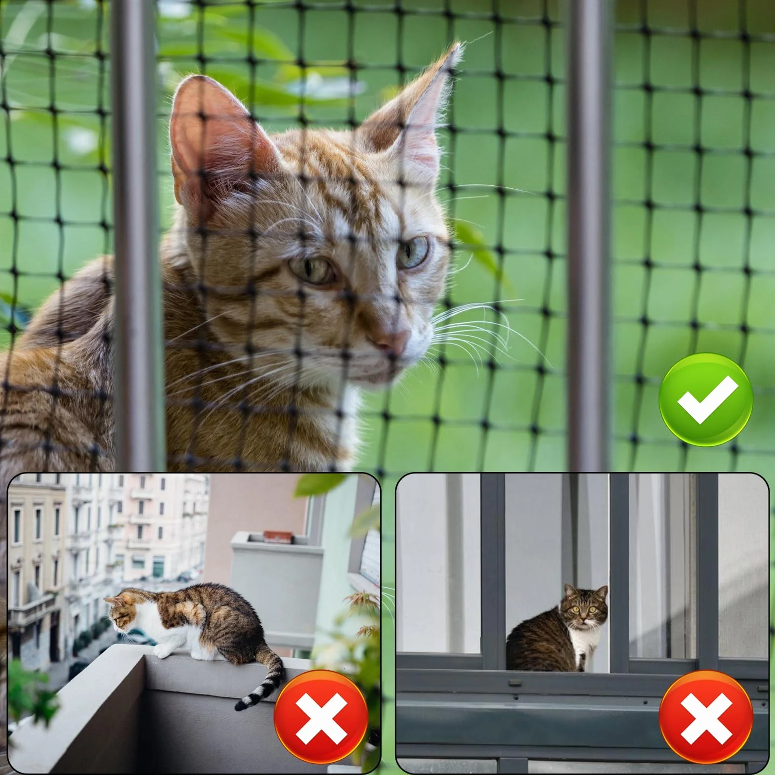 Rete per gatti per balcone, 6 x 3 m, rete per gatti rinforzata con filo rinforzato, rete per gatti con corda di fissaggio da 19 m e accessori, rete di protezione per gatti, per balconi, scale