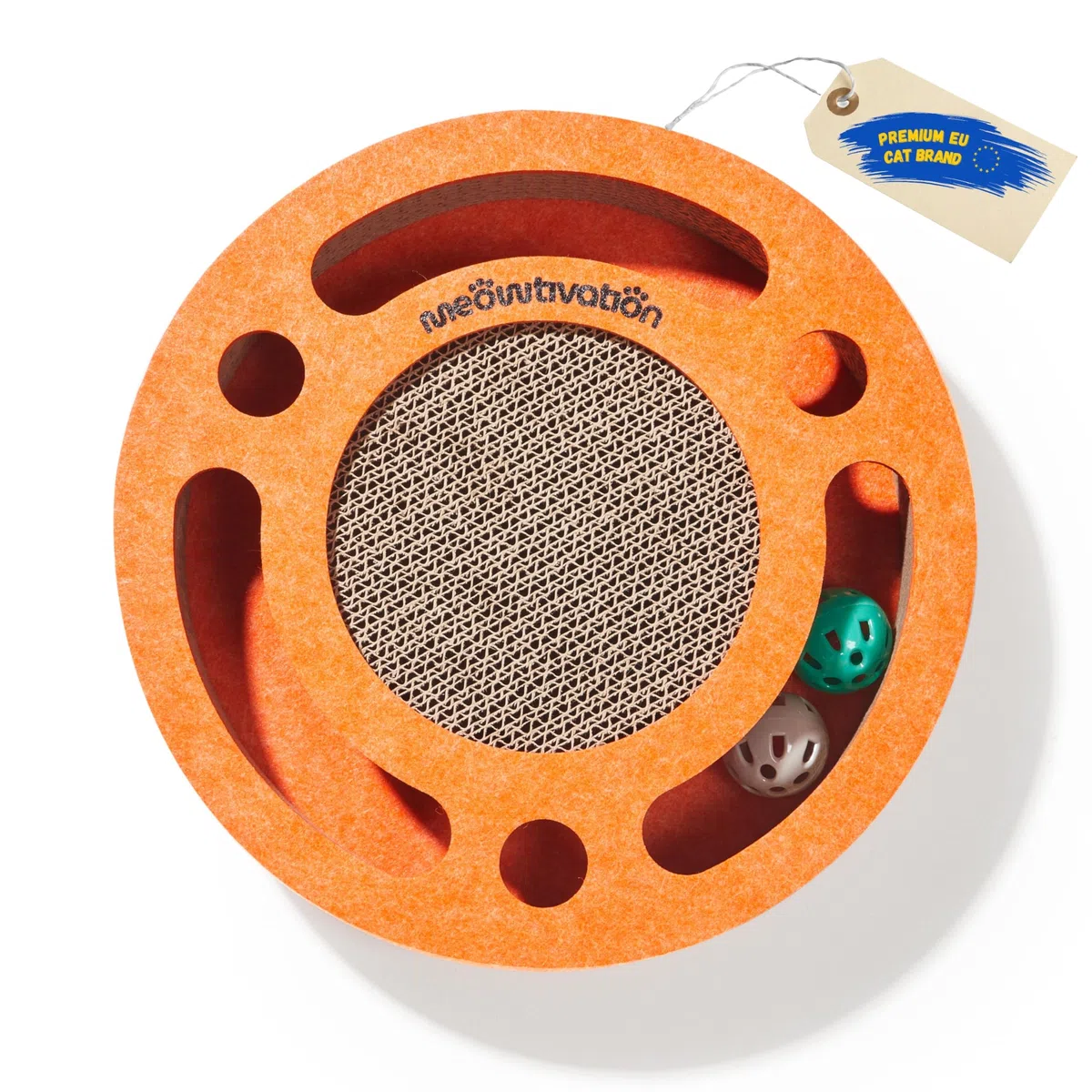 Tiragraffi per gatti con pista a sfere con campanellino – Gioco interattivo per gatti, tappetino tiragraffi in cartone ondulato con erba gatta, tavola tiragraffi, accessori per gatto (Arancione)