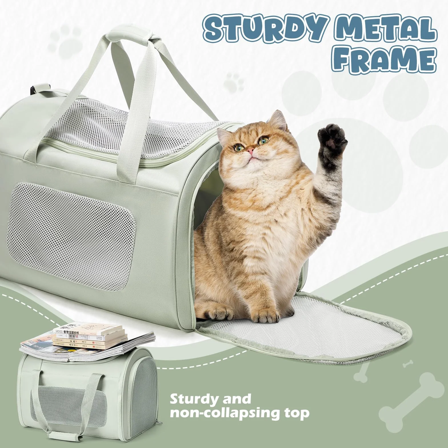 Trasportino per gatti di grandi dimensioni e cuccioli fino a 13 kg，Trasportino per Animali Portatile, pieghevole, per il trasporto di gatti e cani,verde