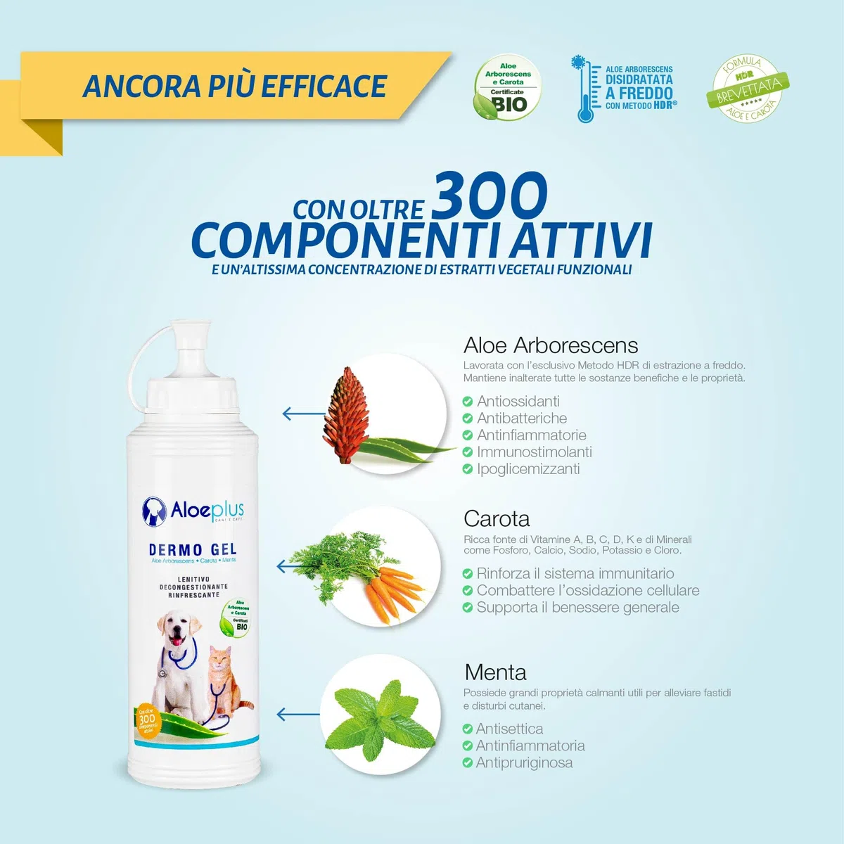 Aloeplus Dermo Gel 200 ml. per Cani e Gatti - Lenitivo e decongestionante con Aloe arborescens Italiana. - Ideale per dermatiti, arrossamenti, prurito, punture di Insetti