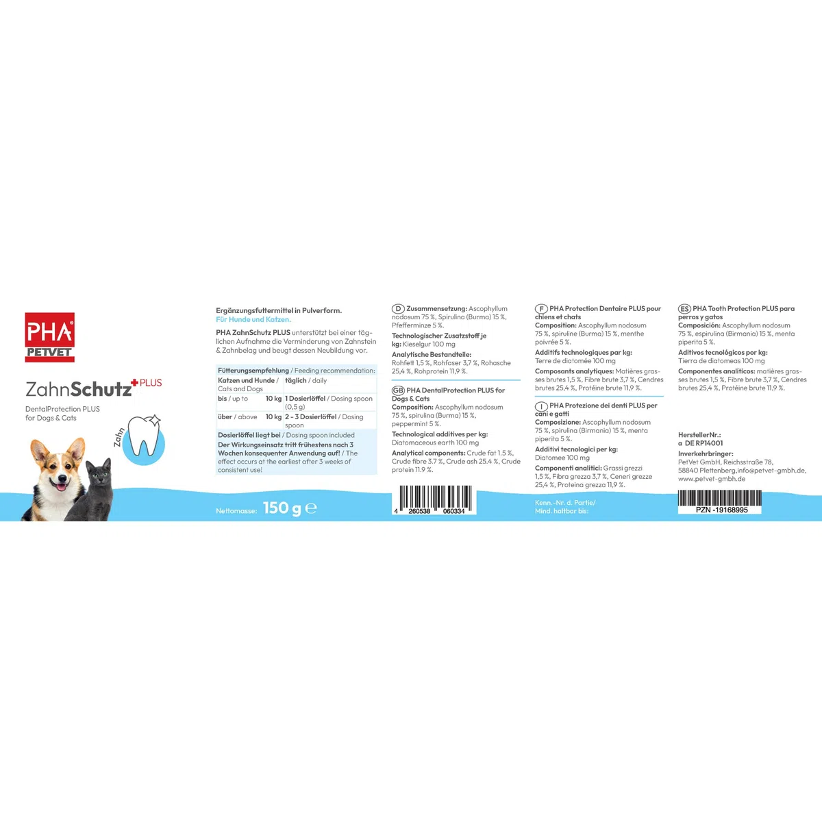 PHA - Protezione dentale Plus per cani e gatti supporta la riduzione del tartaro e della placca dentale, previene la loro formazione contro l'alitosi, polvere da 150 g