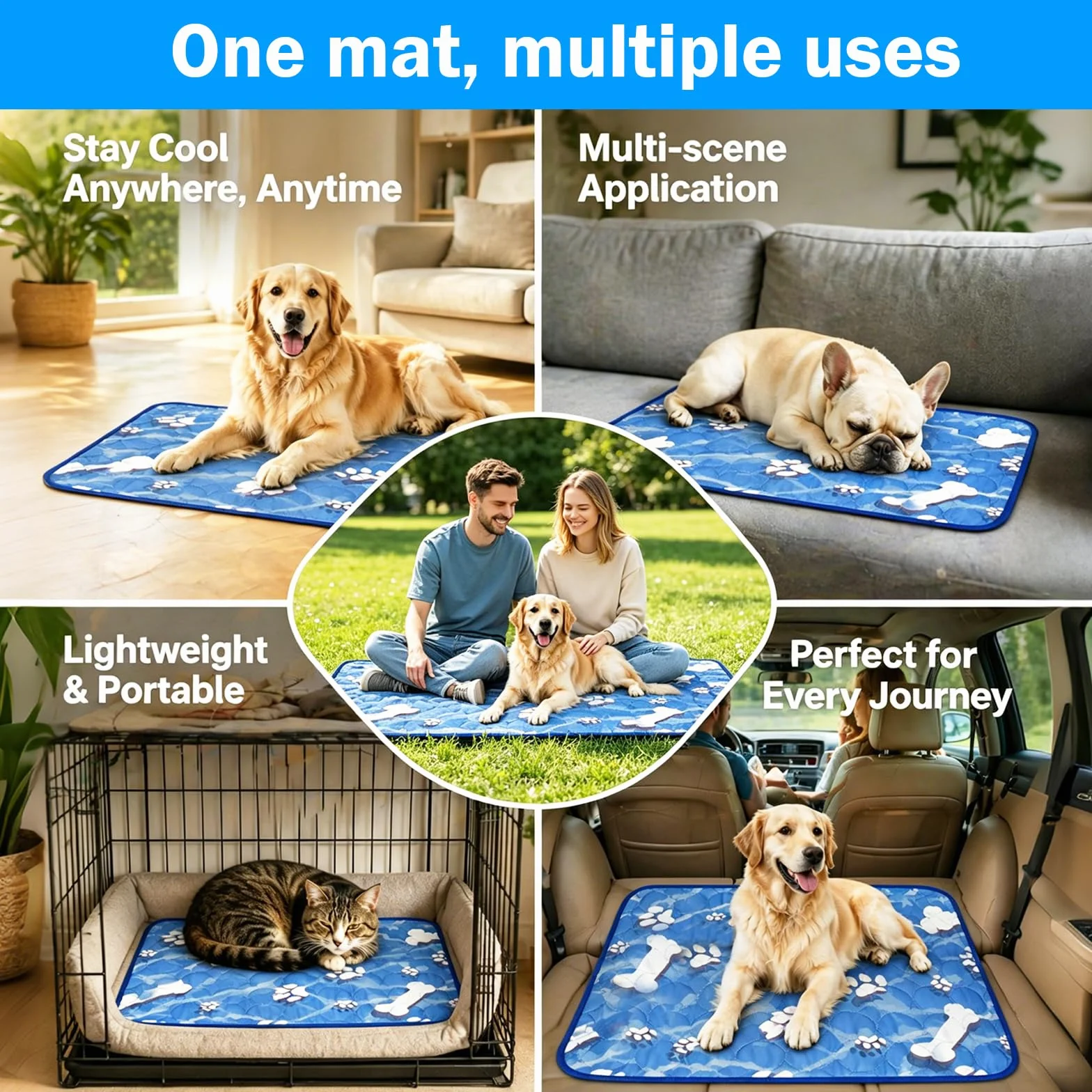 Tappetino Refrigerante Cane Grande 100x70cm, Tappetino Refrigerante per Cani Gatti, Animale Domestico, Modello Carino con Stampa Osso e Zampa, Seta Fredda Morbida, Anti-Statico, Antiscivolo, Piegabile