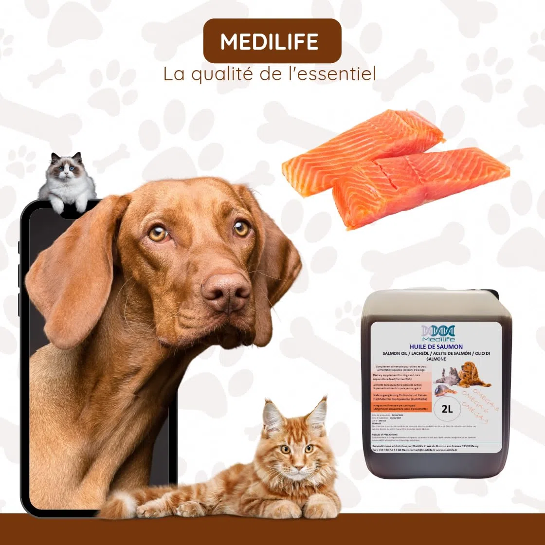 2L Olio di salmone naturale al 100% per cani, gatti e cavalli, ricco di Omega 3-6-9 e vitamine