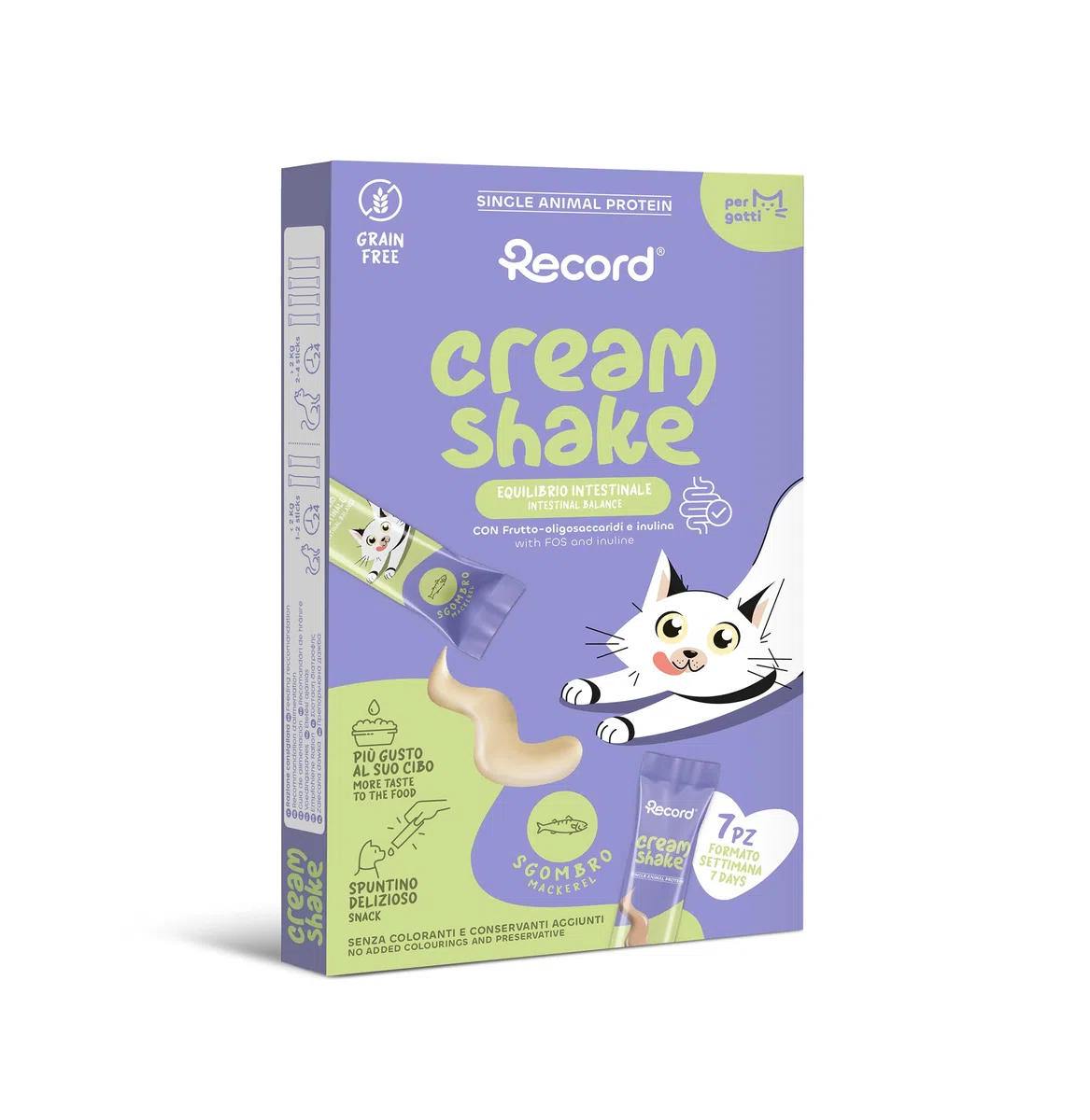 Record - Cream Shake Snack Cremoso per Gatti "Intestinal Care" al Sgombro, 12 Pack (7 Stick da 12 g). Monoproteico, con FOS e Inulina, Anti Boli di Pelo per sostenere la funzionalità intestinale