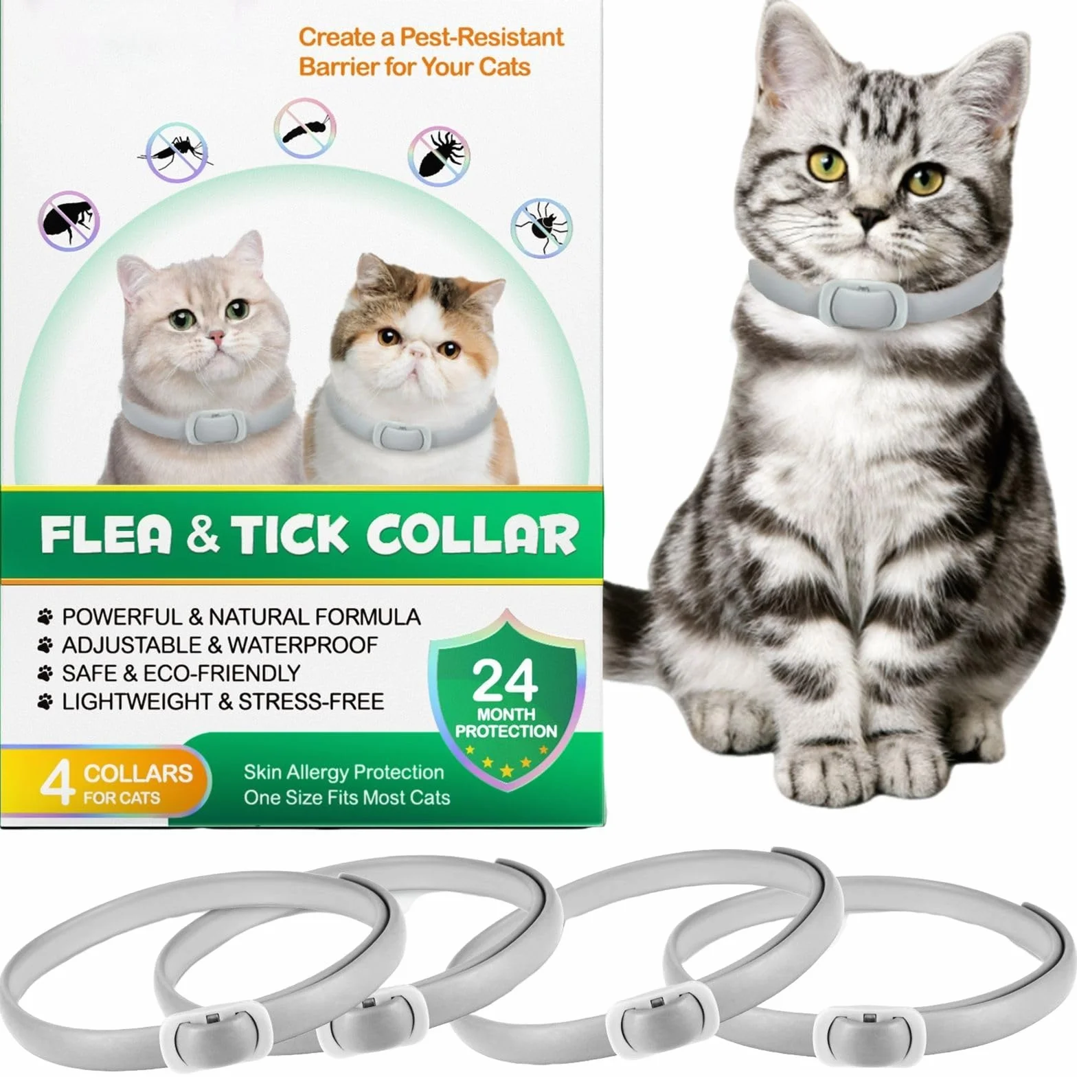 Collare Antiparassitario per Gatti, Collare Antipulci Gatto - 24 Mesi di Protezione Effettiva (4 Pezzi) (Grigio, 4 Pezzi)
