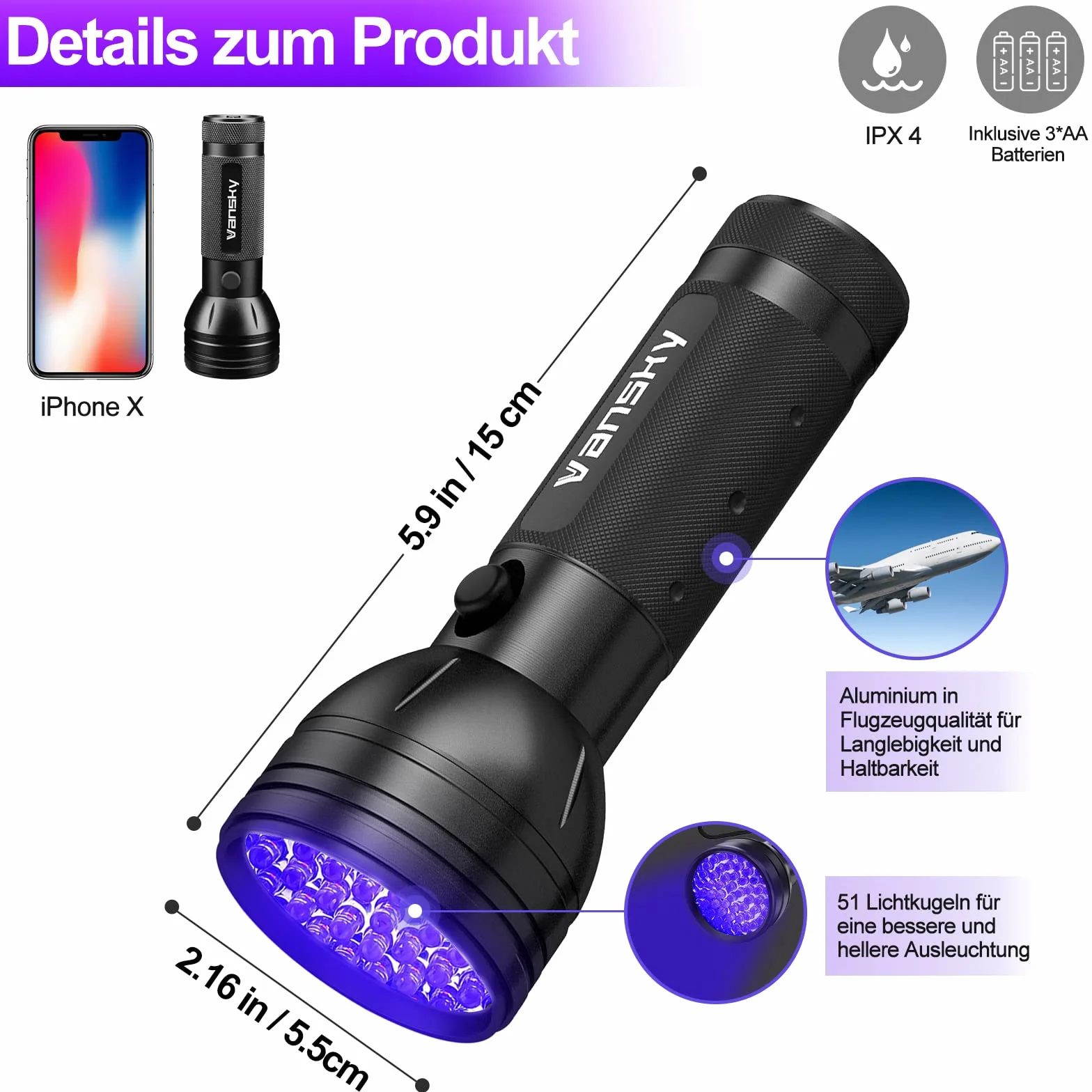 Vansky® Torcia UV LED Lampada 51 Leds Blacklight Animali Urina Cane/Gatto Smacchiatore Rivelatore Lampada Ultravioletti, 3 Batterie AAA incluse