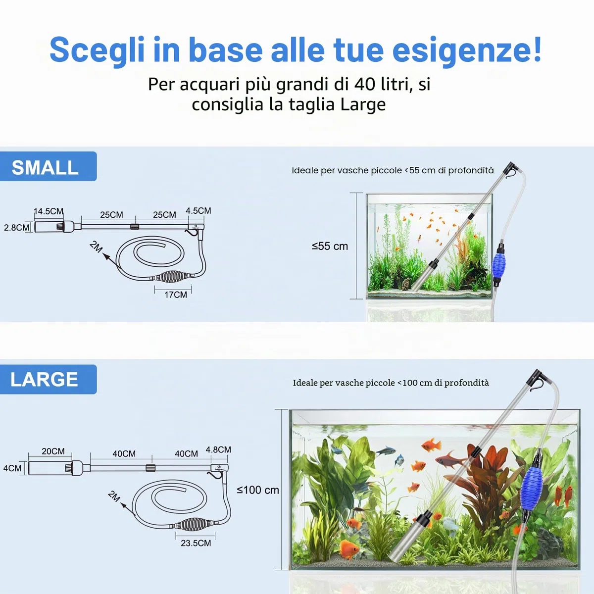 Cambio dell'acqua dell'acquario, pulizia dell'acquario, kit per la pulizia della ghiaia dell'acquario con flusso d'acqua regolabile per la pulizia della sabbia (S-per profondità fino a 55 cm)