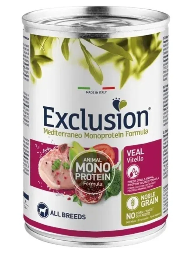 Exclusion Mediterraneo Adult, Monoproteico Cibo Umido per Cani Vitello, 24 Lattine da 400gr