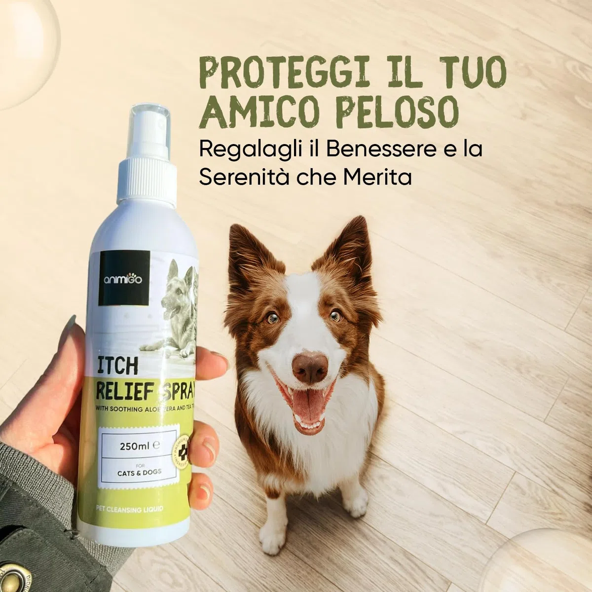 Spray Antiprurito per Dermatite Cane & Gatto 250ml, Spray Dermatite Cane Prurito, Rimedio Naturale per Prurito Cane e Gatto con Aloe Vera e Tea Tree Oil, Spray Antiprurito per Cani e Gatti Naturale