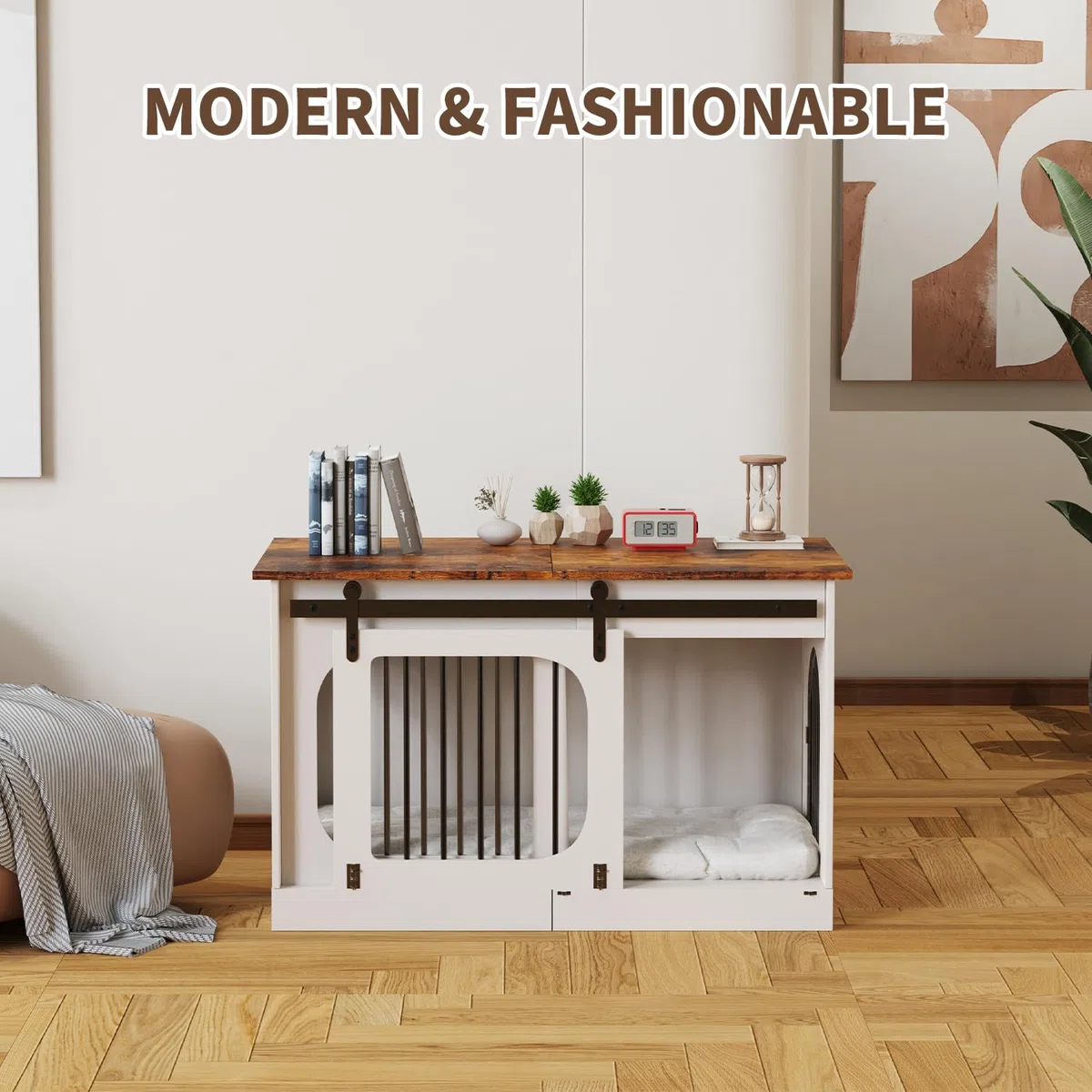 Gabbia per Cani Mobile 100 cm, XL Cassa per Cani da Casa con 3 Porte Scorrevoli, 100x60x69cm, Bianco & Marrone