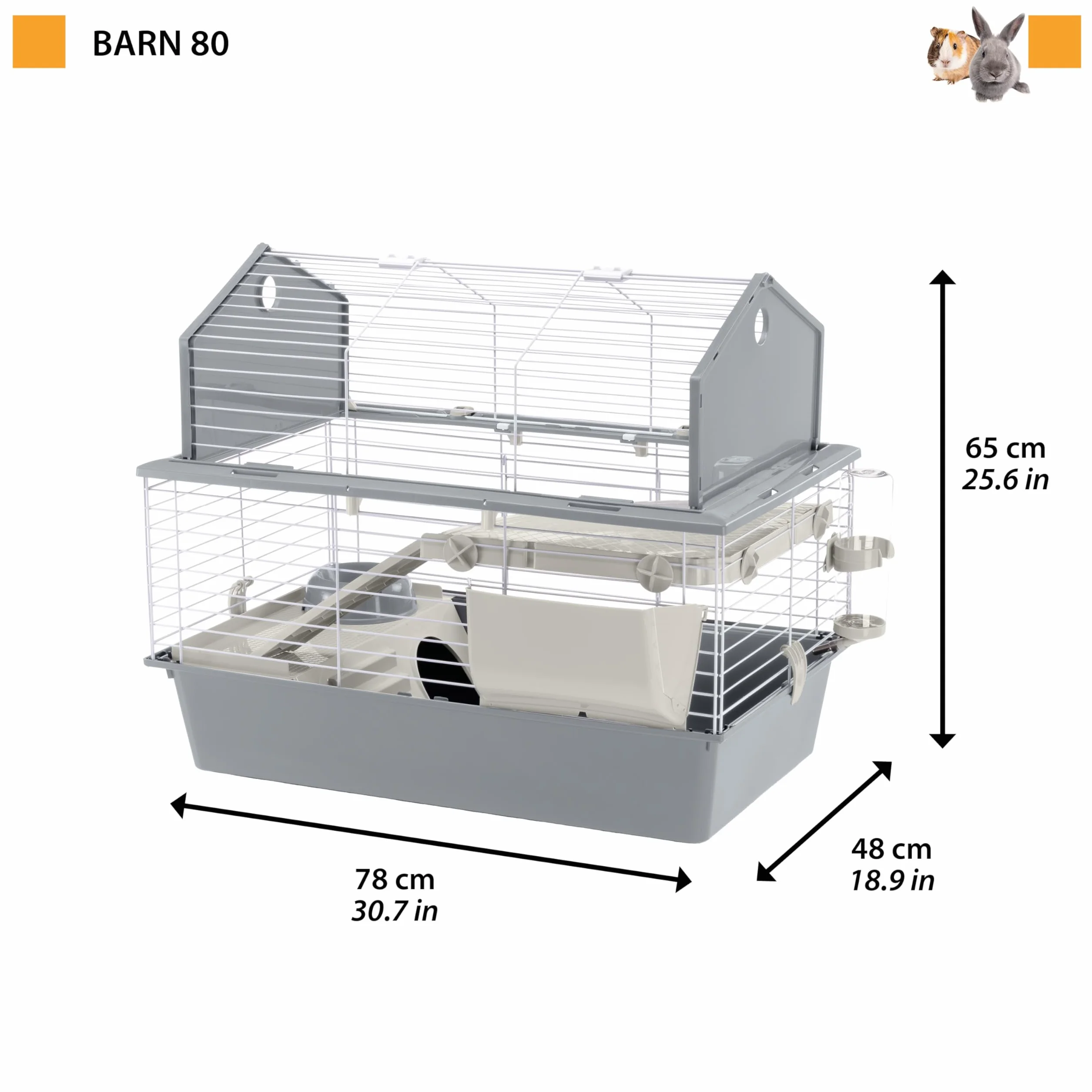 Ferplast Gabbia per Conigli Gabbia per Piccoli Animali BARN 80, 2 Piani, Tetto Apribile, Accessori Inclusi, 78 x 48 x h 65 cm.