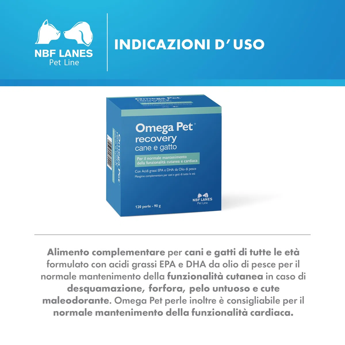 NBF Lanes | Omega Pet Recovery Cane e Gatto, 120 Perle Appetibili, per il Normale Mantenimento della Funzionalità Cutanea e Cardiaca
