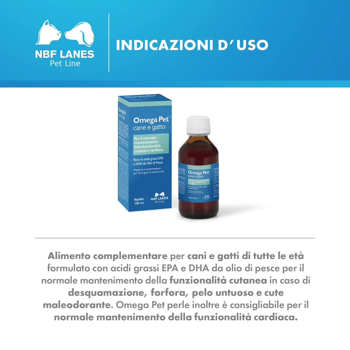 NBF Lanes | Omega Pet Cane e Gatto, Liquido 100 ml, per il Normale Mantenimento della Funzionalità Cutanea e Cardiaca