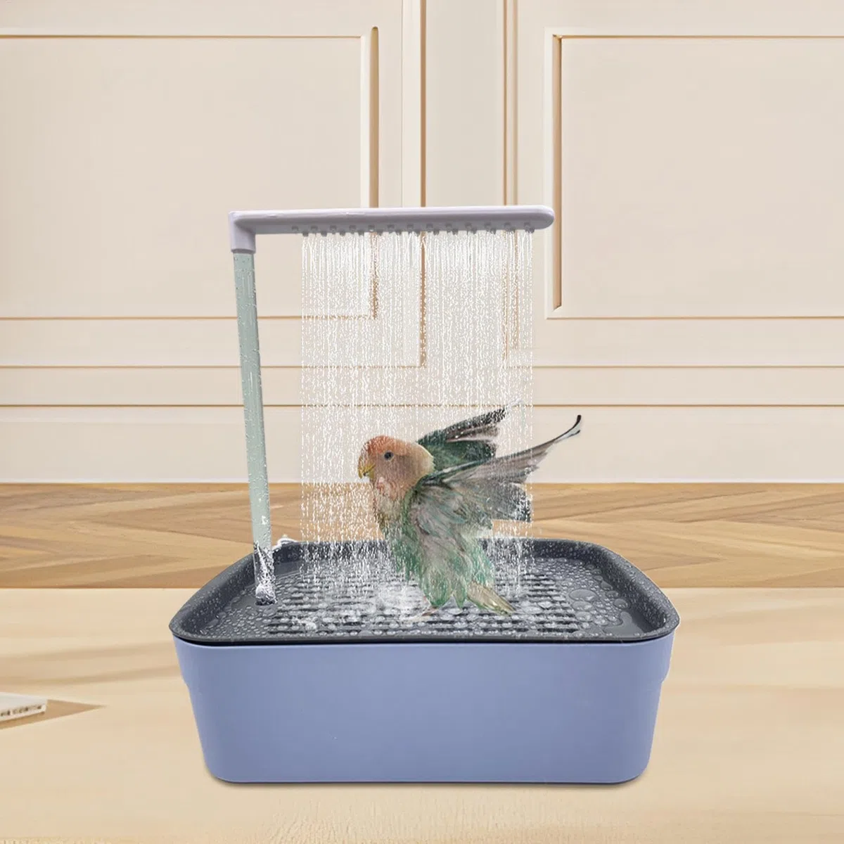 Vasca da bagno automatica per uccelli, vasca da bagno per pappagalli e pappagalli, 31,5 x 21,5 x 34 cm, per parrocchetto, calopsitta, grigio africano