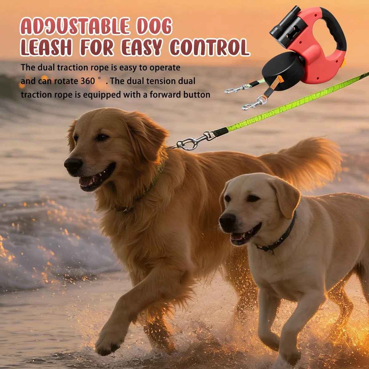 BAIFULAI Guinzaglio retrattile per 2 cani, 3 m, doppio guinzaglio per 2 cani con luce, impugnatura antiscivolo, allungabile, guinzaglio per cani di piccola e media taglia (rosso)