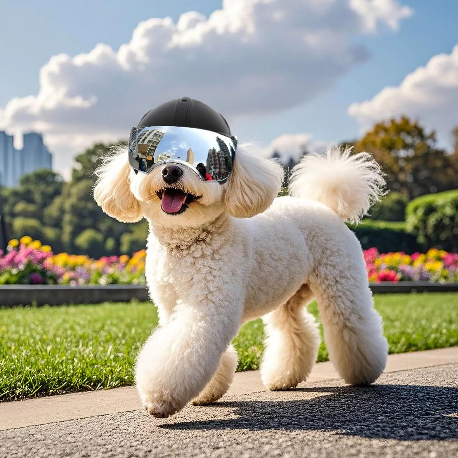 Enjoying Casco per Cani con Fori per le Orecchie, Casco per Animali con Lenti Argentate, Protezione UV, Protezione Dalla Sabbia, Adatto per Cani di Peso Compreso tra 7,5 e 12,5 kg