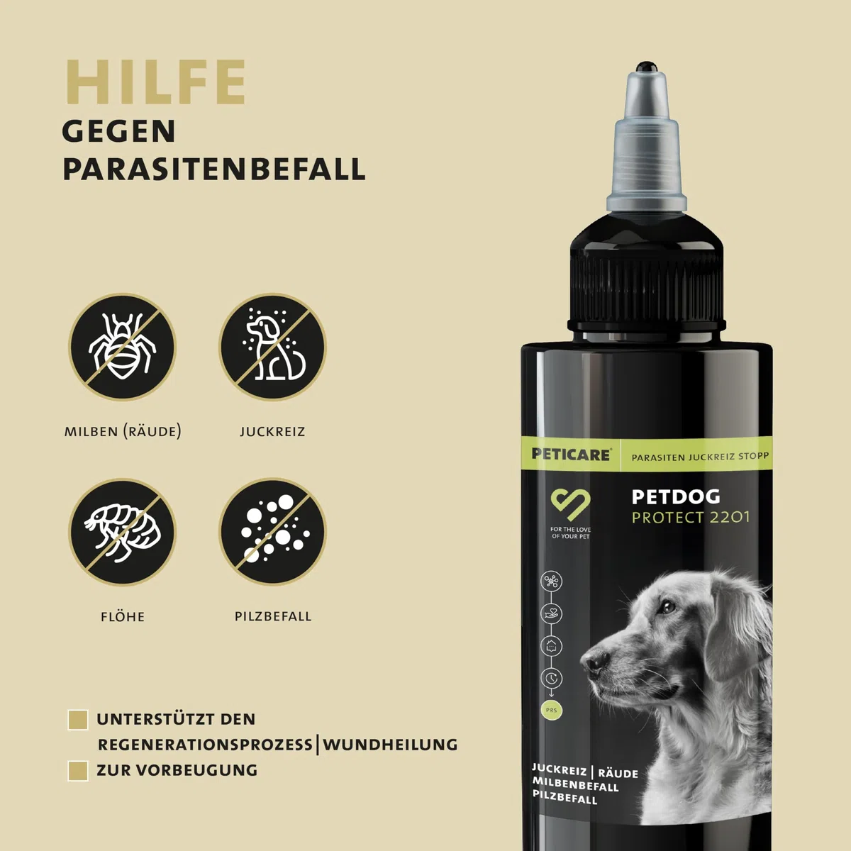 Peticare Lozione Acari Cani – Scudo Sollievo Immediato Prurito e Funghi – Senza Insetticidi – con Olio di Cocco e Camomilla – Cura Antiparassitaria