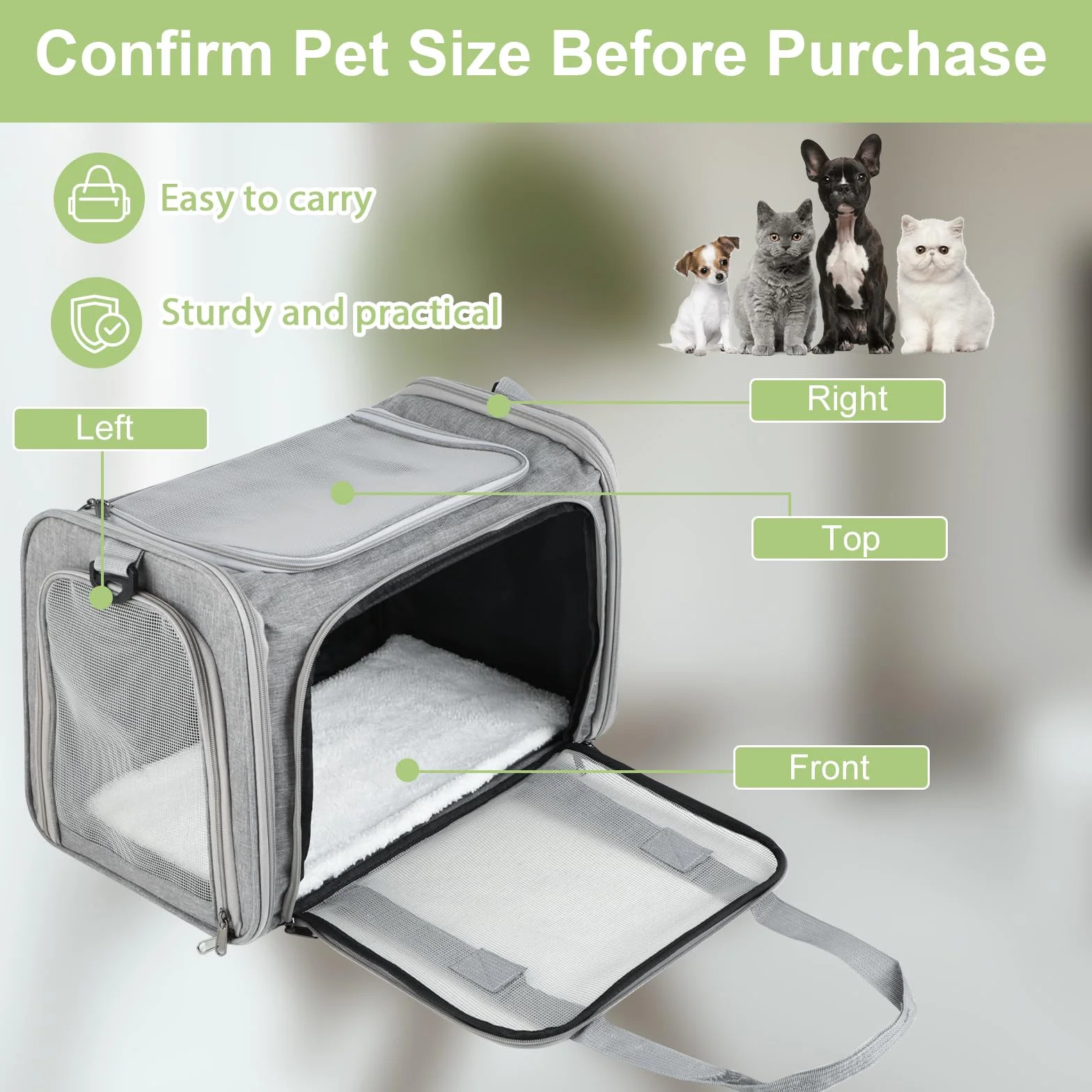 Trasportino Gatto Pieghevole – Borsa per Cani Leggera e Traspirante – Trasportino per Viaggi/Auto con Cintura Regolabile (Grigio)